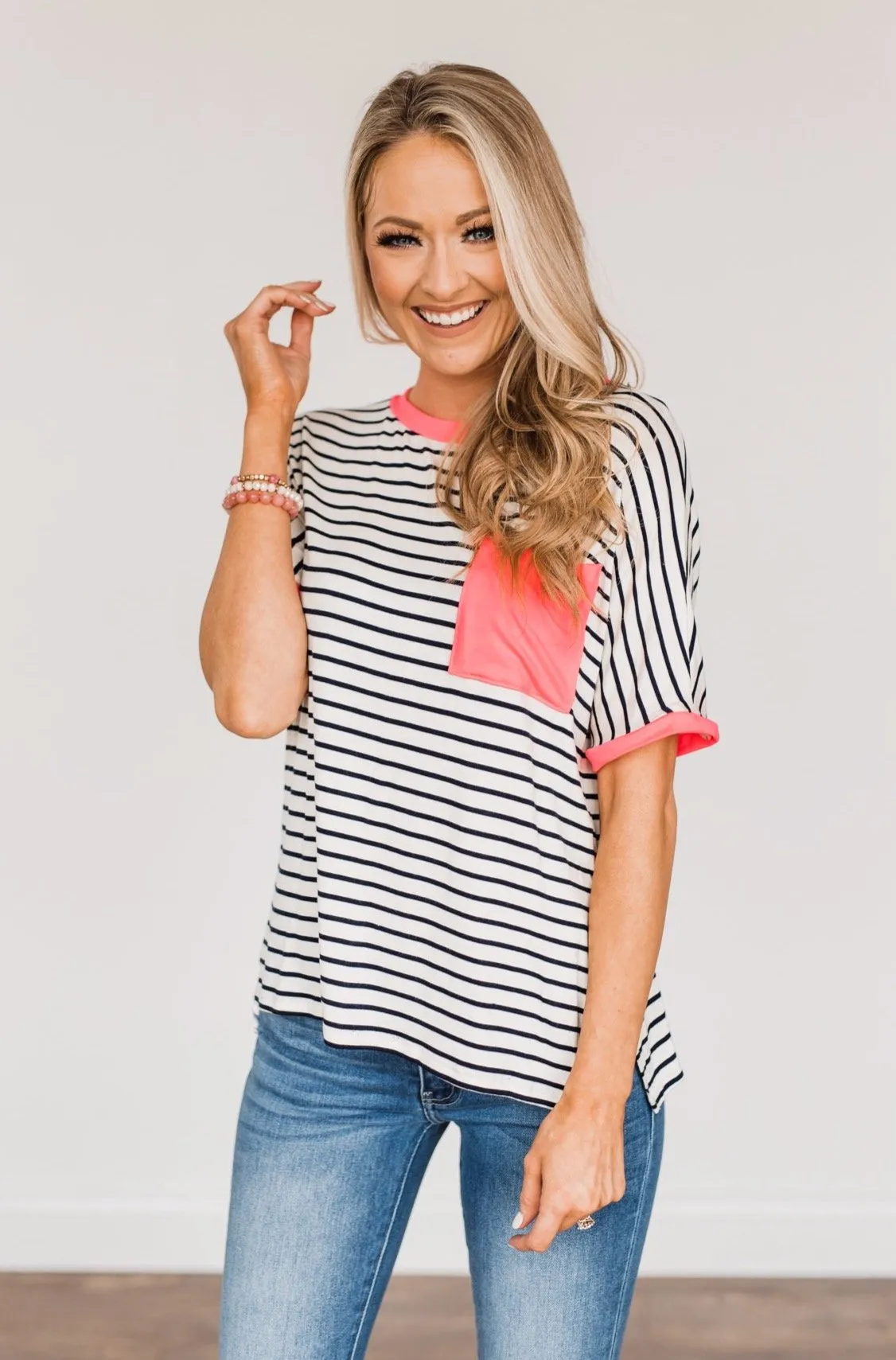 Make Way For Spring Striped Pocket Top- Ivory & Navy