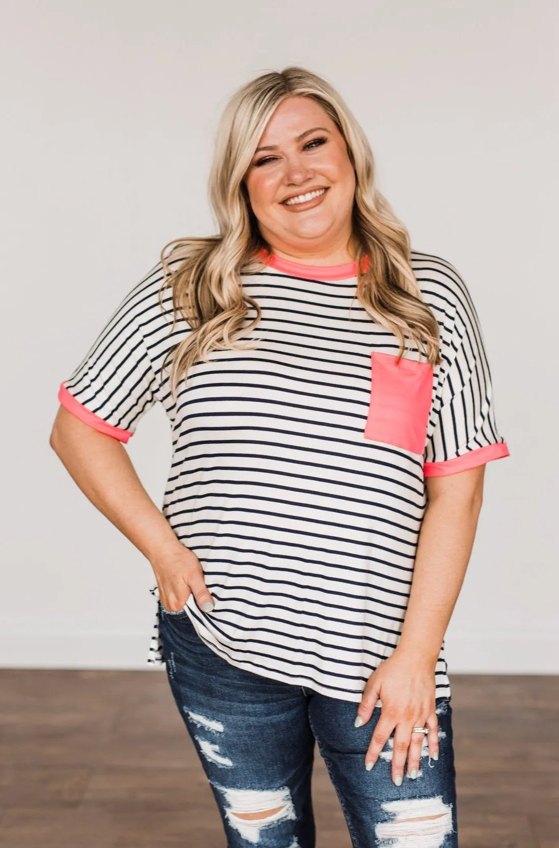 Make Way For Spring Striped Pocket Top- Ivory & Navy