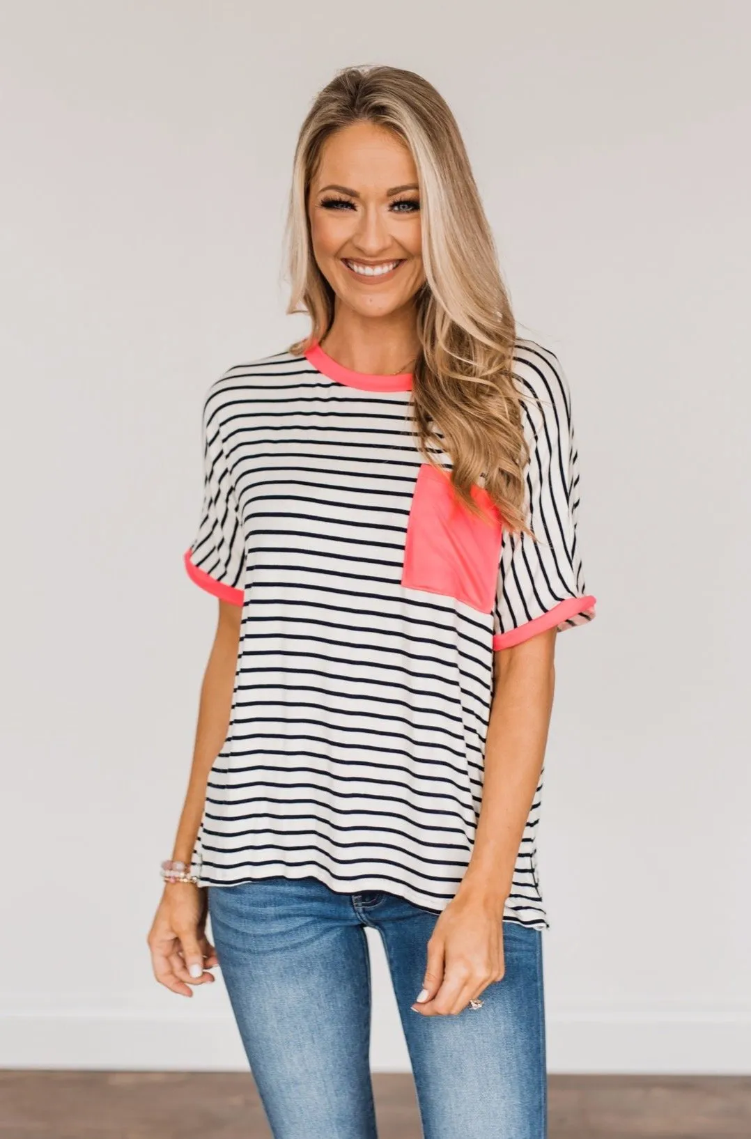 Make Way For Spring Striped Pocket Top- Ivory & Navy