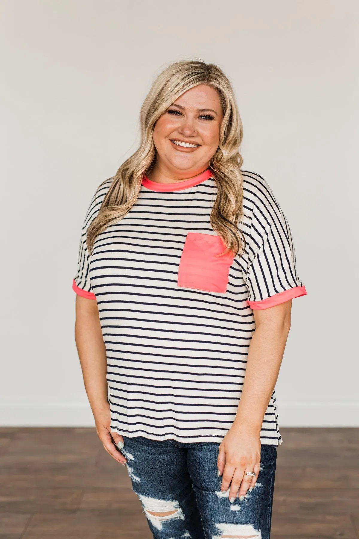 Make Way For Spring Striped Pocket Top- Ivory & Navy