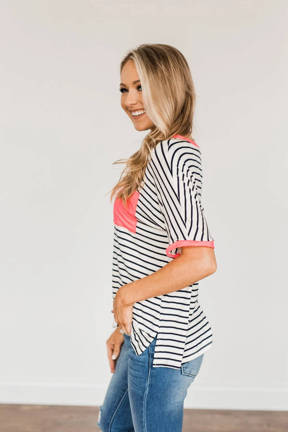 Make Way For Spring Striped Pocket Top- Ivory & Navy