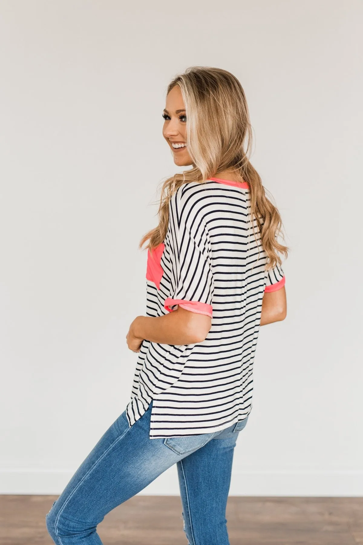 Make Way For Spring Striped Pocket Top- Ivory & Navy