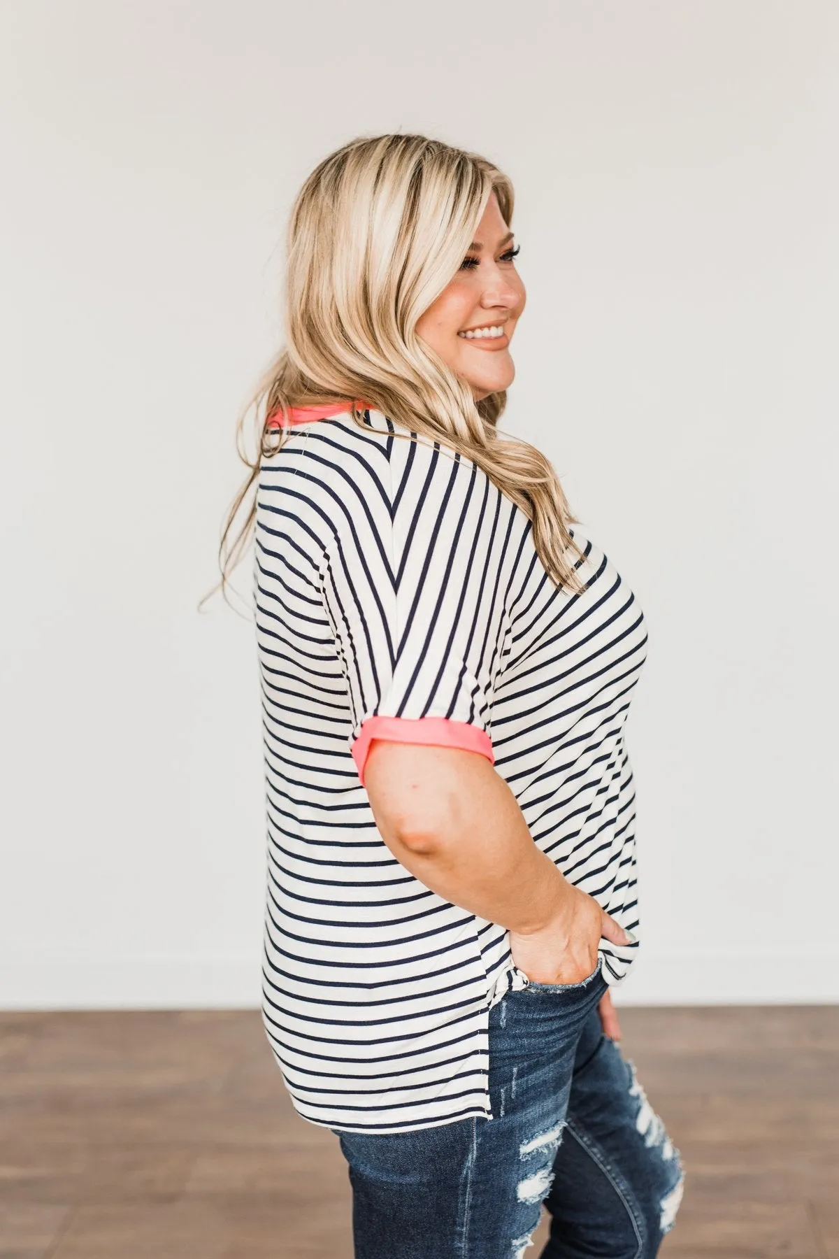 Make Way For Spring Striped Pocket Top- Ivory & Navy