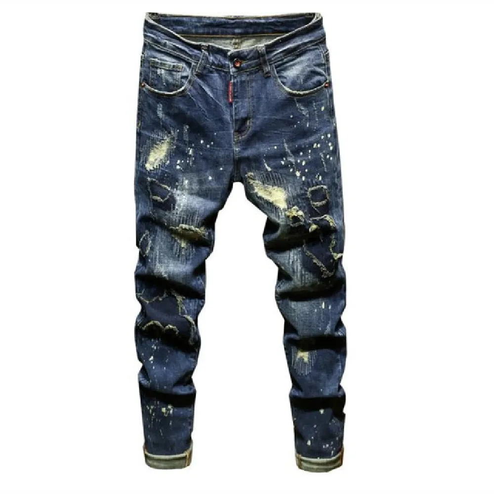 Men's Blue Solid Pattern Mid Waist Holes Stretch Casual Skinny Jeans Pants