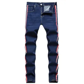 Men's Plus Large Size Side Stripe Stretch Denim Jeans Slim Straight Pants