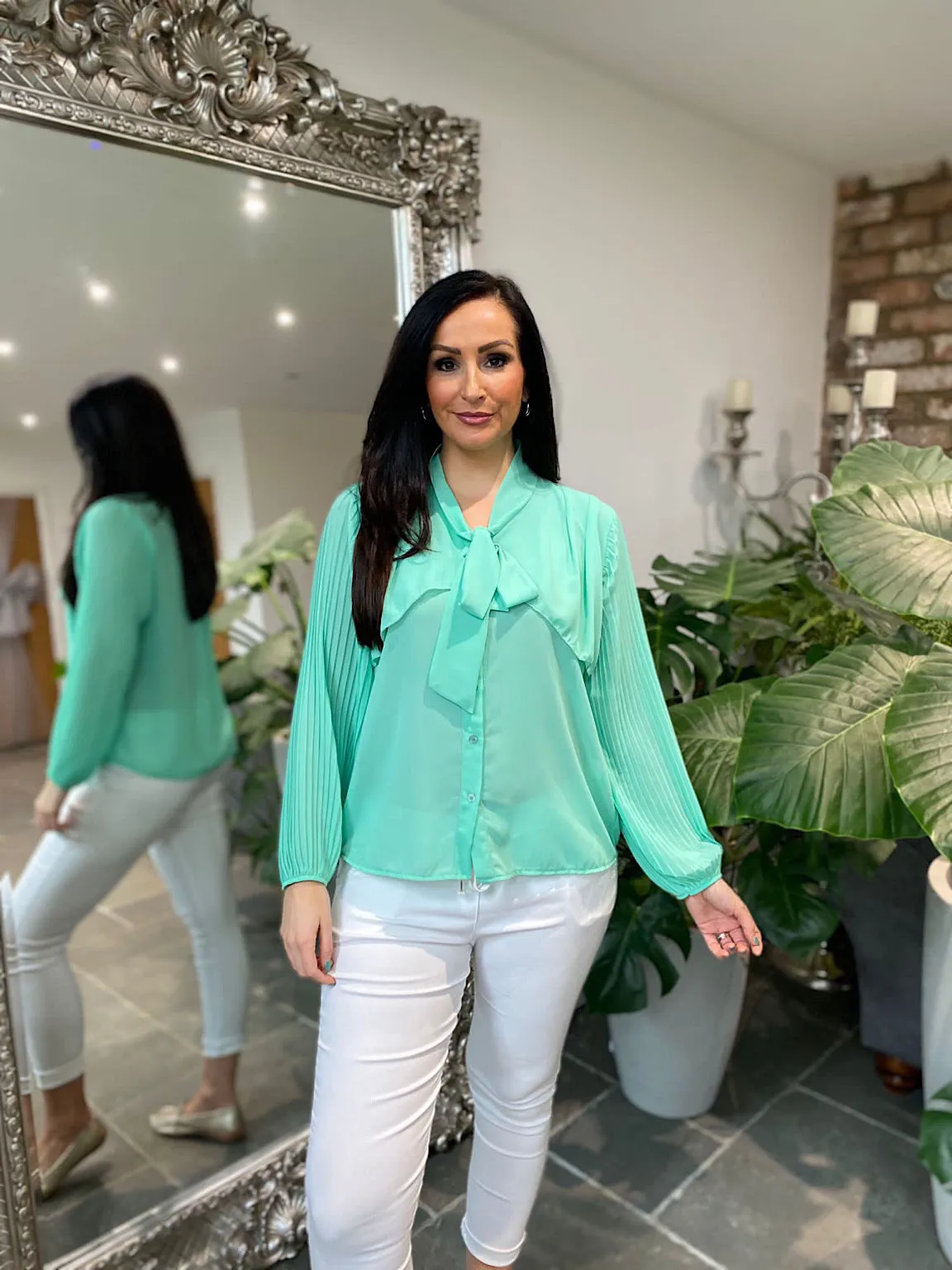 Mint Pleated Sleeve Blouse Diana