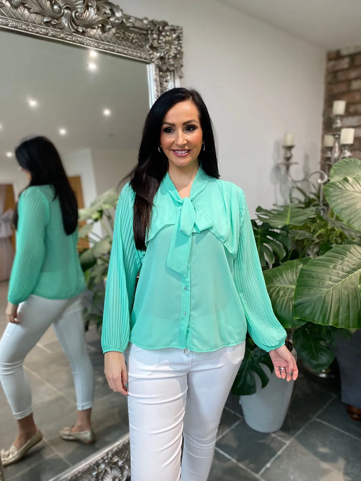 Mint Pleated Sleeve Blouse Diana