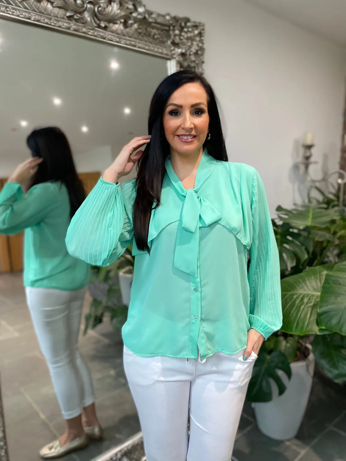 Mint Pleated Sleeve Blouse Diana