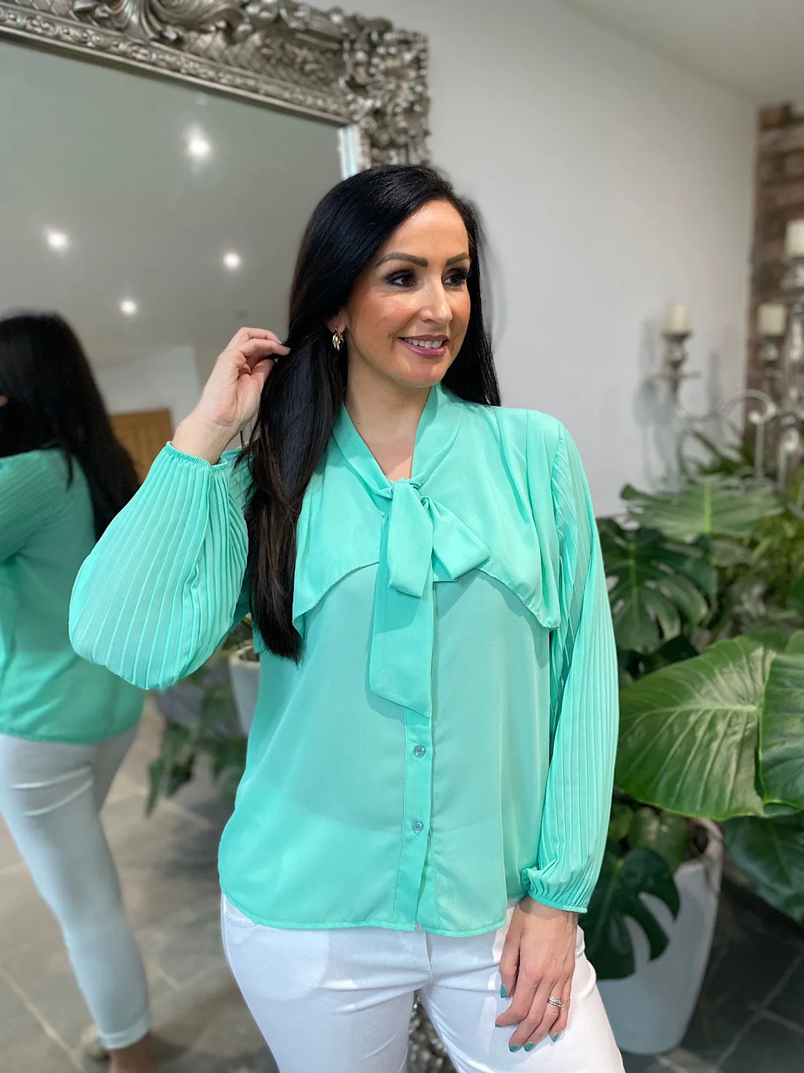 Mint Pleated Sleeve Blouse Diana