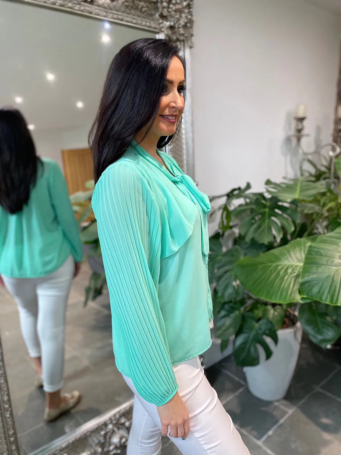 Mint Pleated Sleeve Blouse Diana