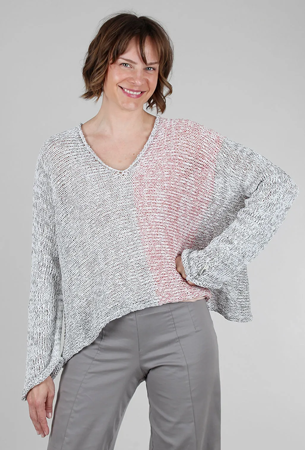 Mixed Knits Vee Pullover, Gray/Red Mix