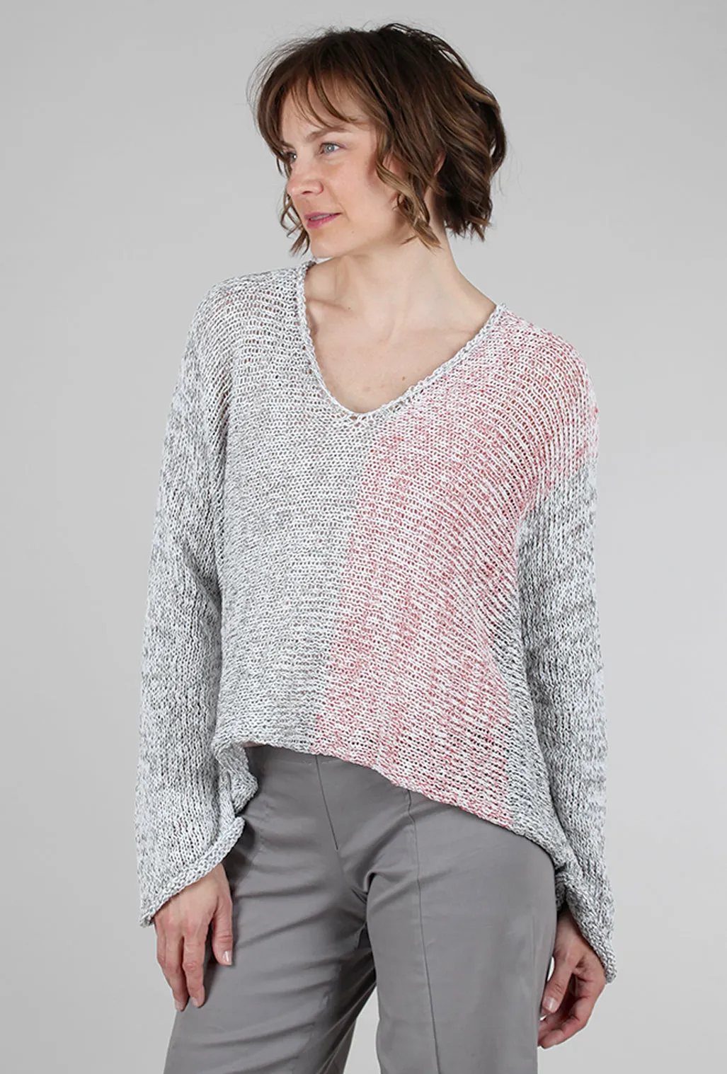 Mixed Knits Vee Pullover, Gray/Red Mix