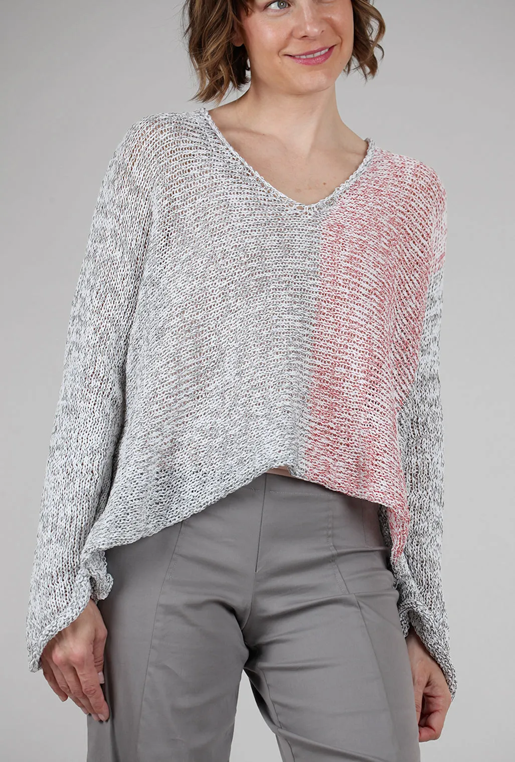 Mixed Knits Vee Pullover, Gray/Red Mix