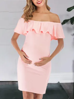 Momnfancy Ruffle Off Shoulder Bodycon Maternity Mini Dress