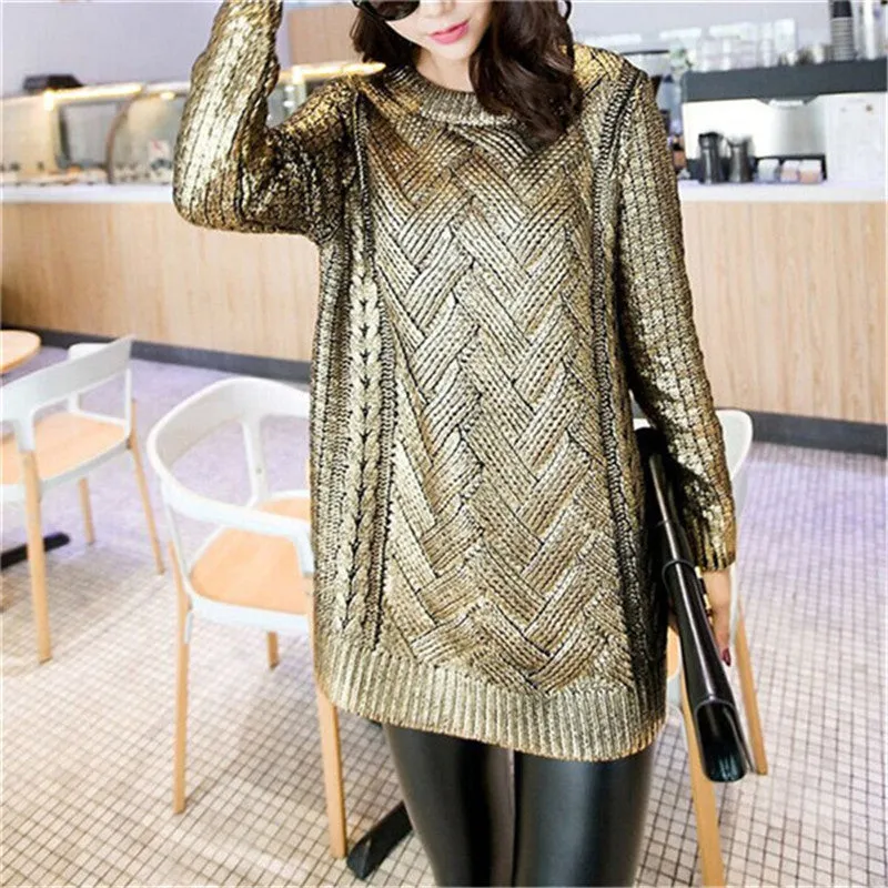 New Fashion Female Bling Pullovers Knitted Long Sleeve O-neck Winter Autumn Sequin Sweaters Hot  72054 SM6