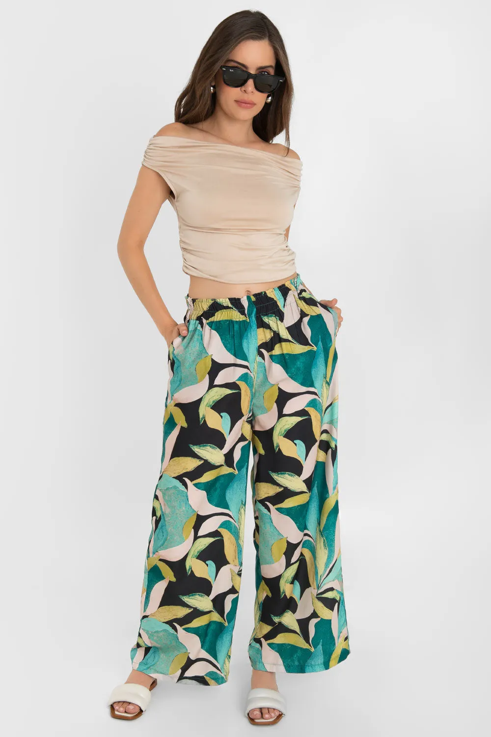 Pantalón estampado wide leg cintura elástica