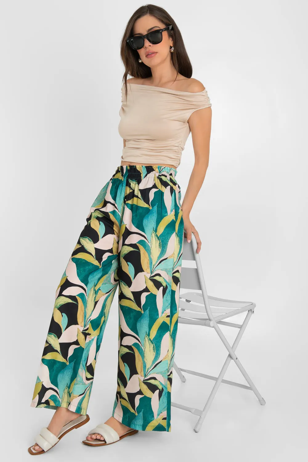 Pantalón estampado wide leg cintura elástica