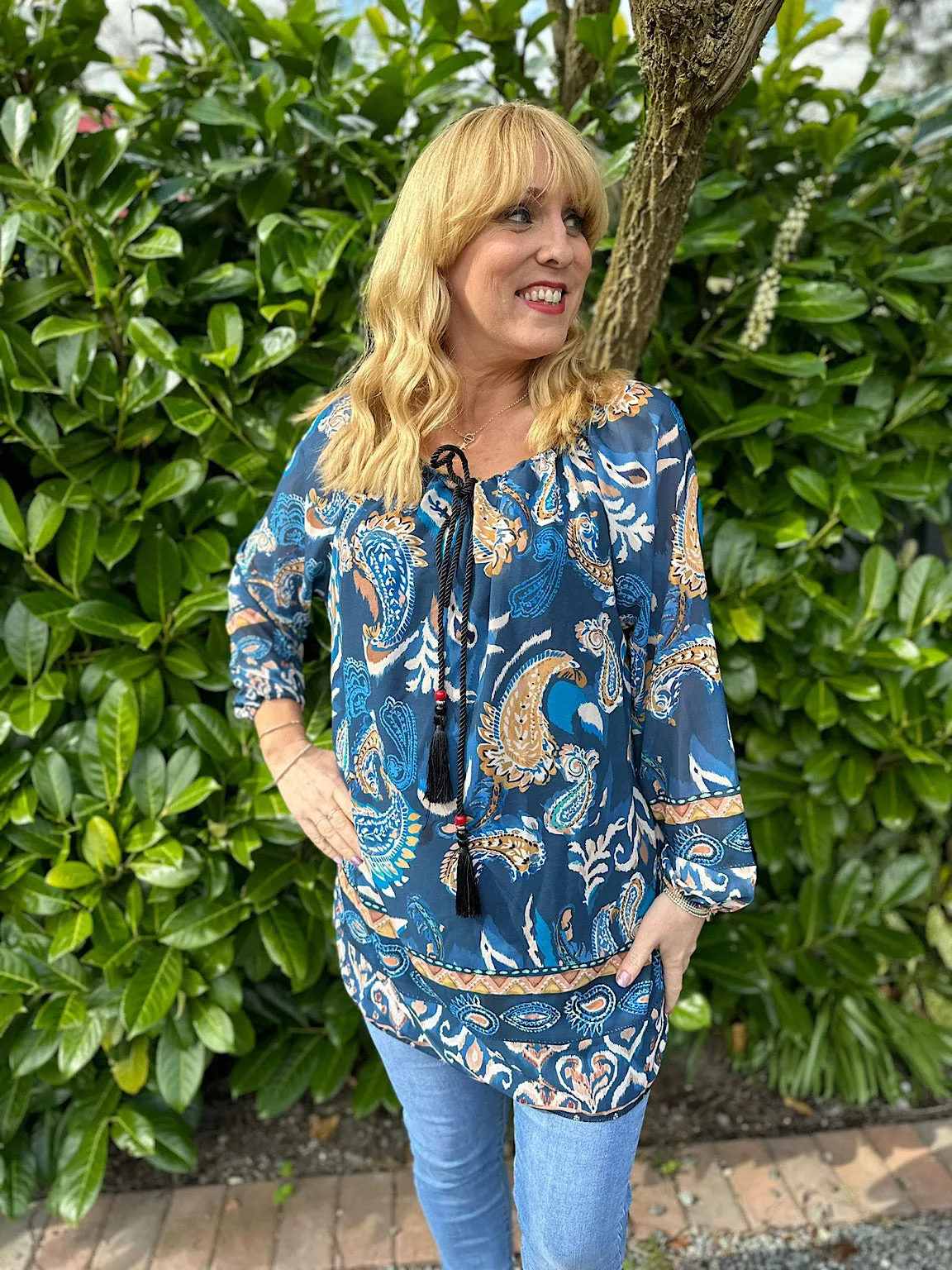 Petrol Blue Layered Paisley Print Blouse Ashleigh