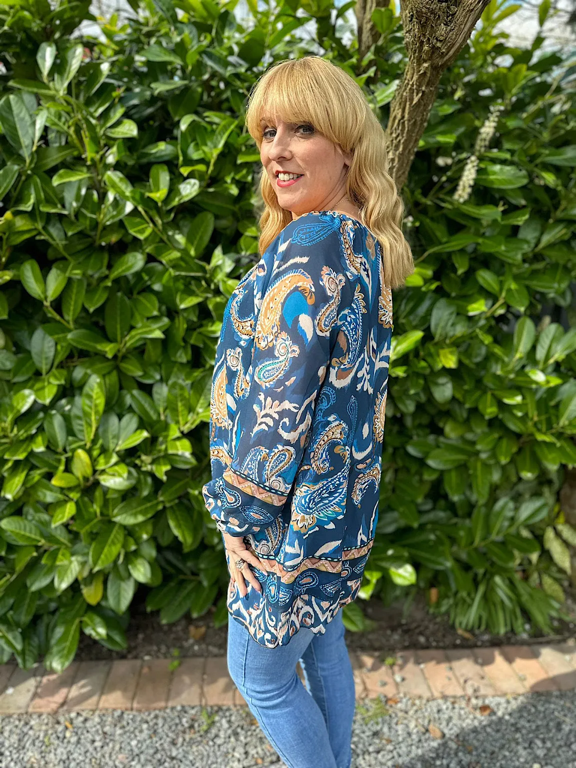 Petrol Blue Layered Paisley Print Blouse Ashleigh