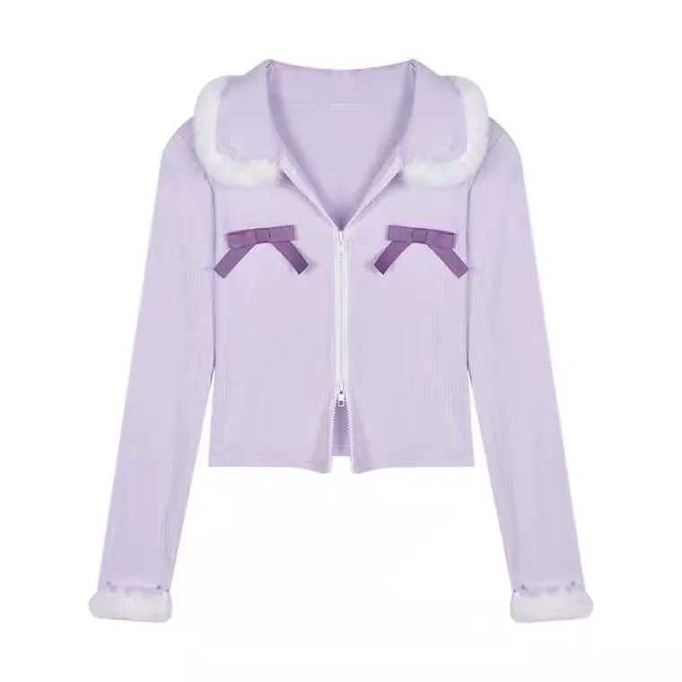 Plush short light purple long sleeved cardigan by5012