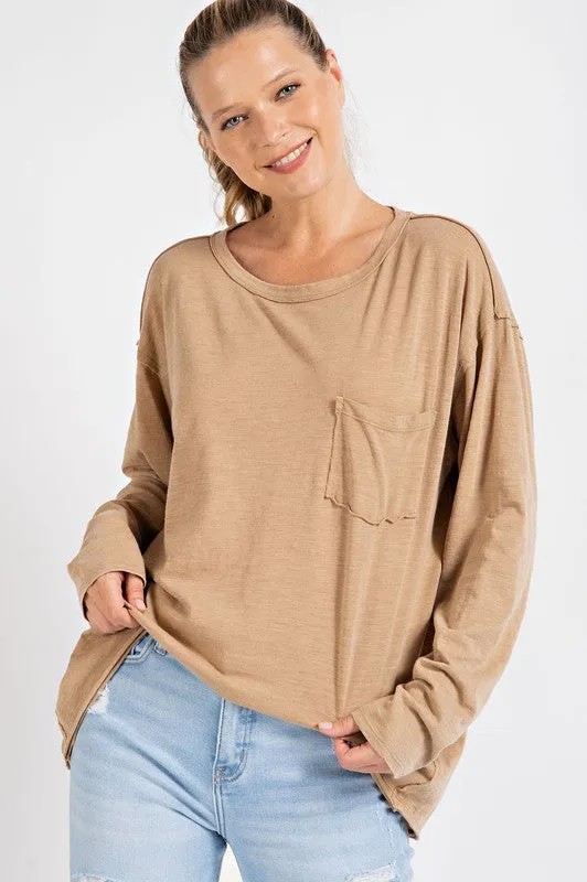 RAE MODE Mineral Washed Round Neckline Long Sleeves Top