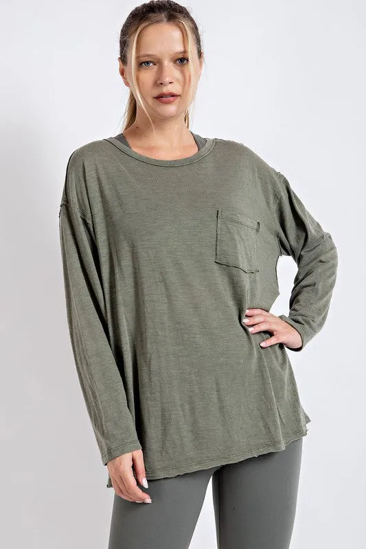 RAE MODE Mineral Washed Round Neckline Long Sleeves Top