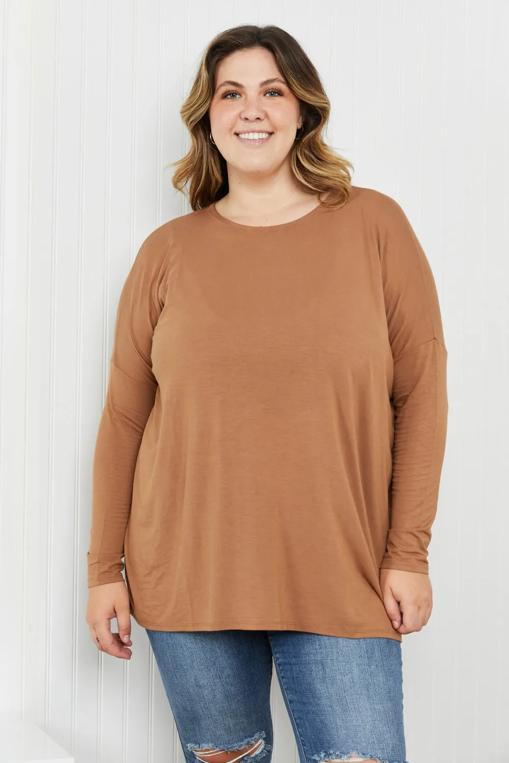 Round Neck Dropped Shoulder Tunic Top in Deep Camel