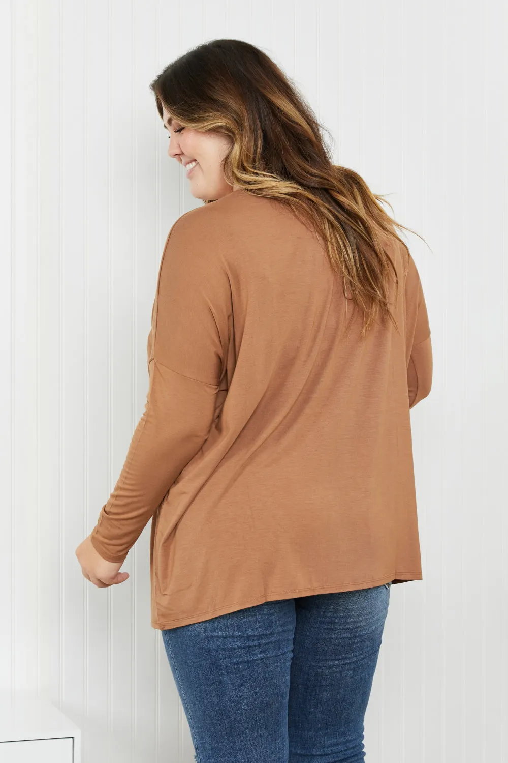 Round Neck Dropped Shoulder Tunic Top in Deep Camel