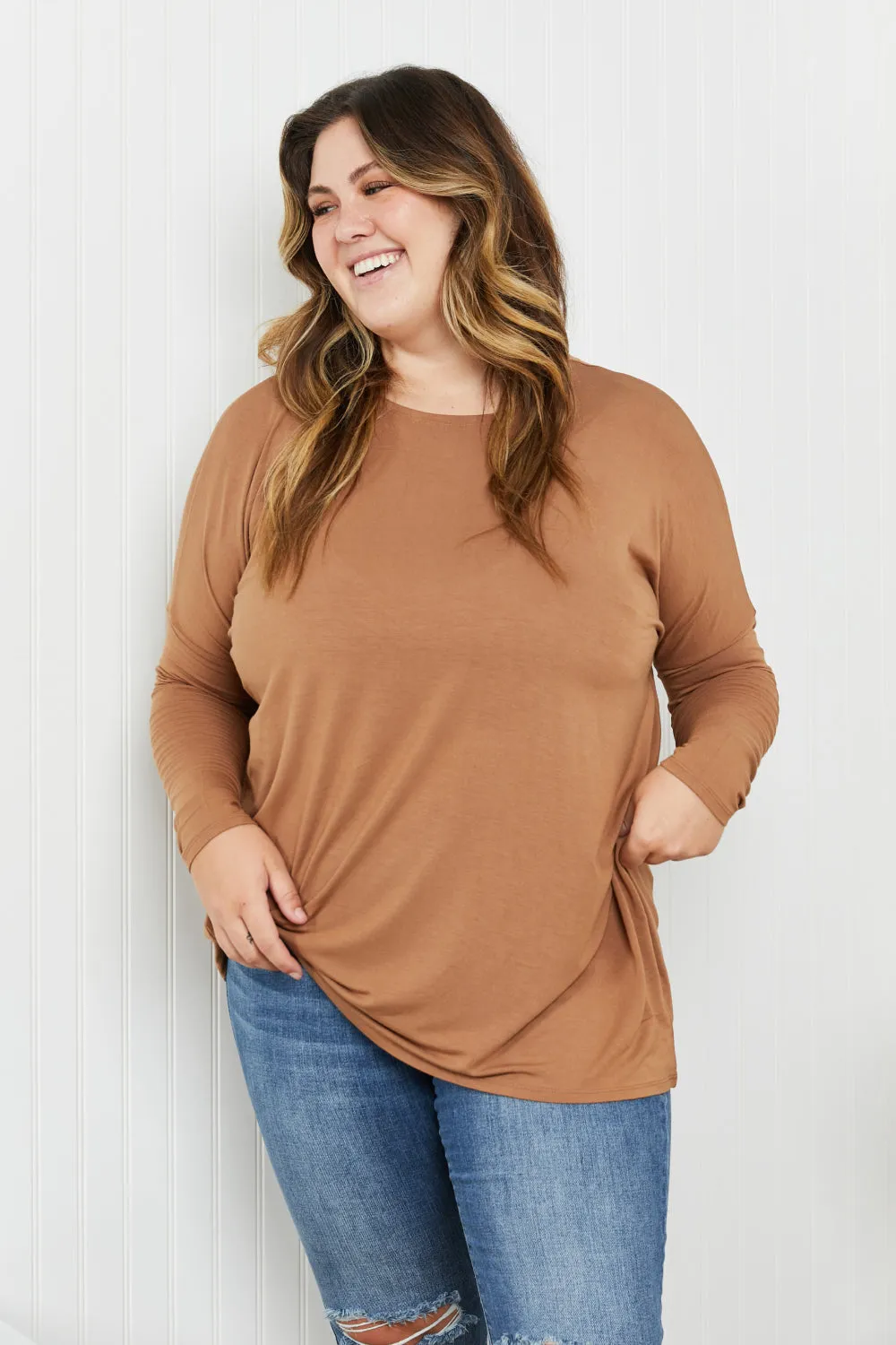 Round Neck Dropped Shoulder Tunic Top in Deep Camel