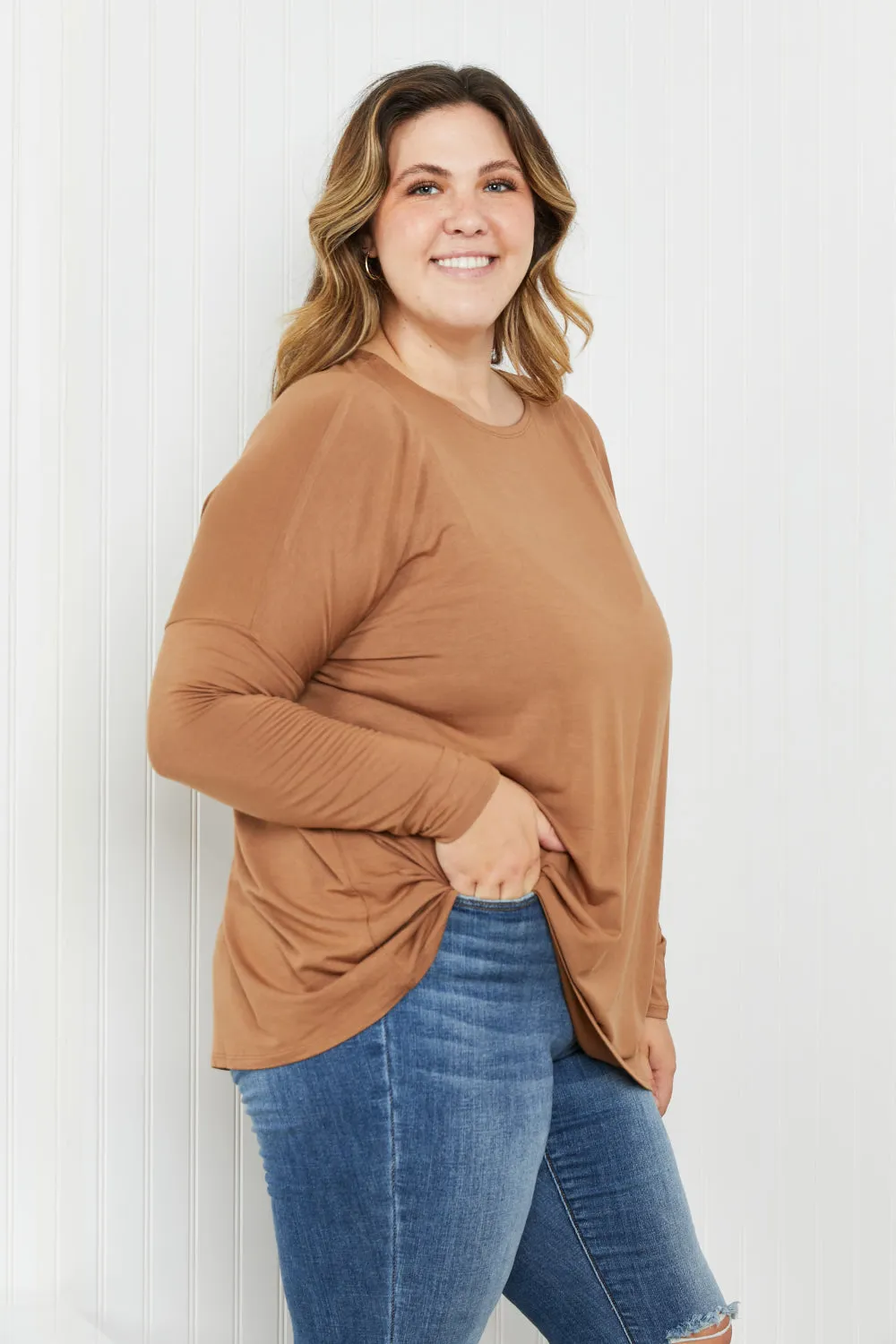 Round Neck Dropped Shoulder Tunic Top in Deep Camel