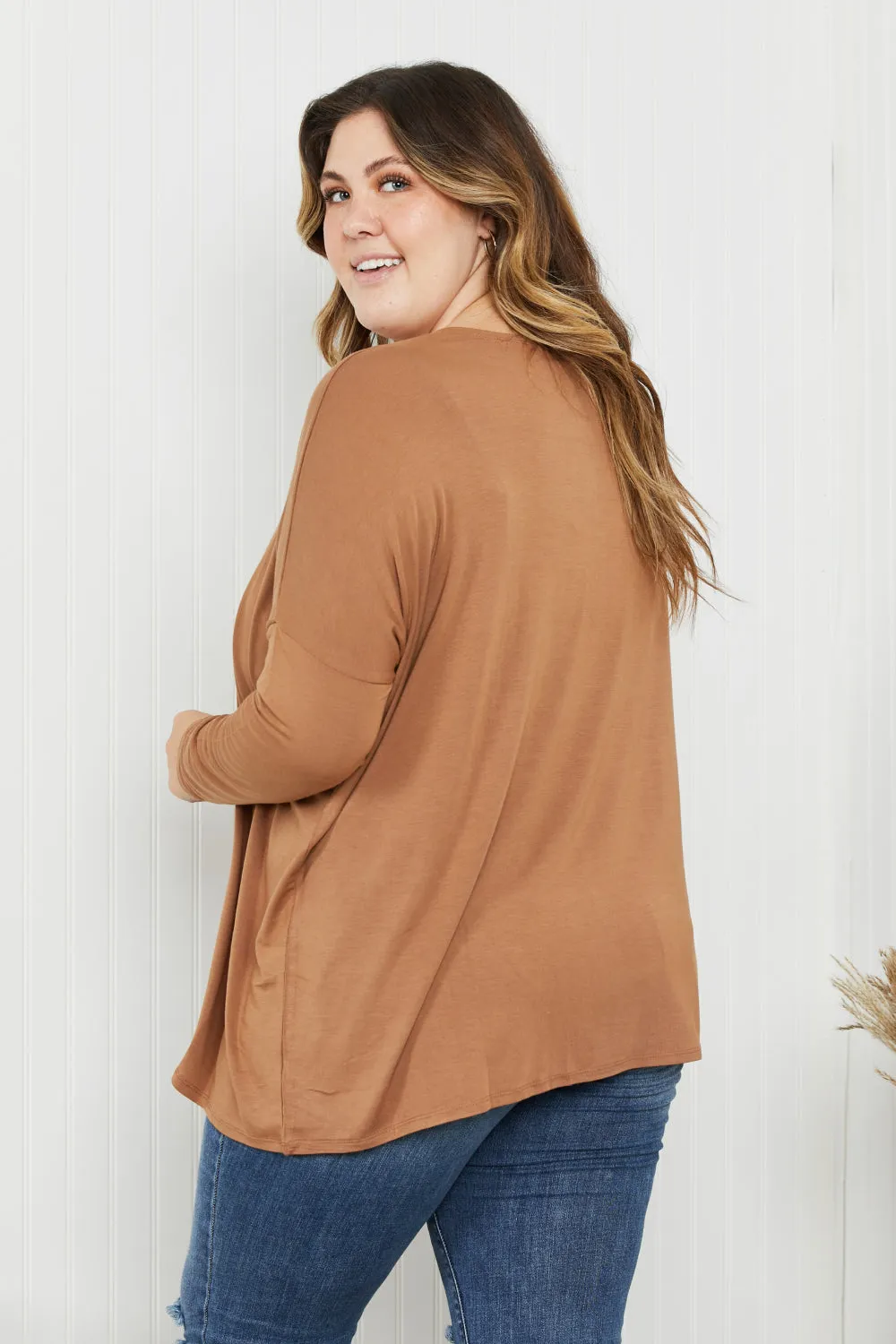 Round Neck Dropped Shoulder Tunic Top in Deep Camel