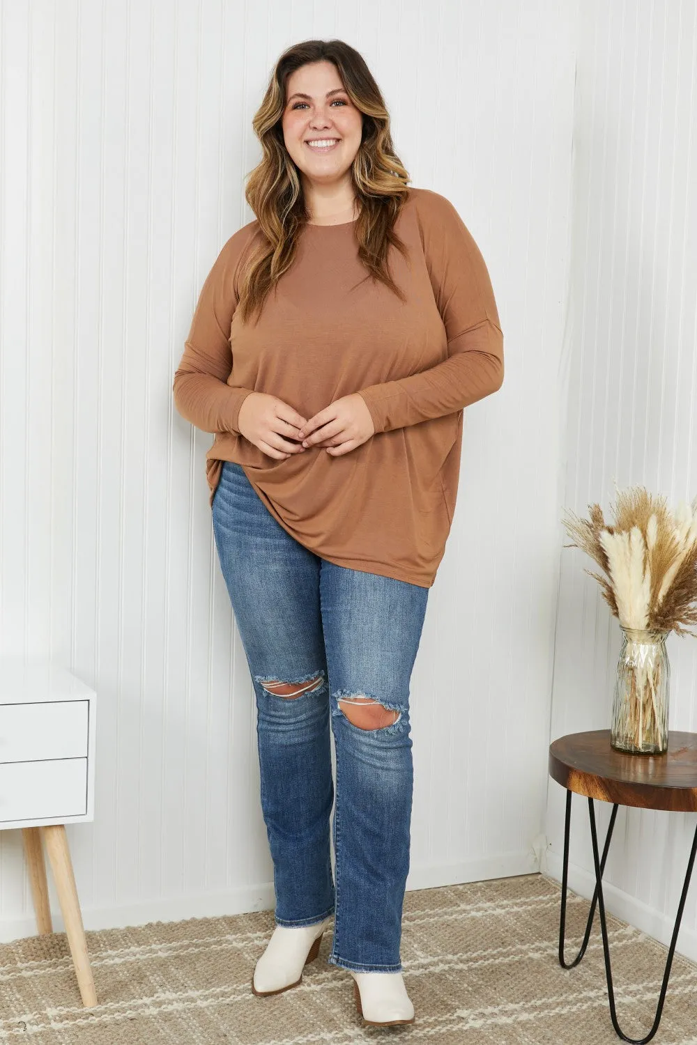 Round Neck Dropped Shoulder Tunic Top in Deep Camel