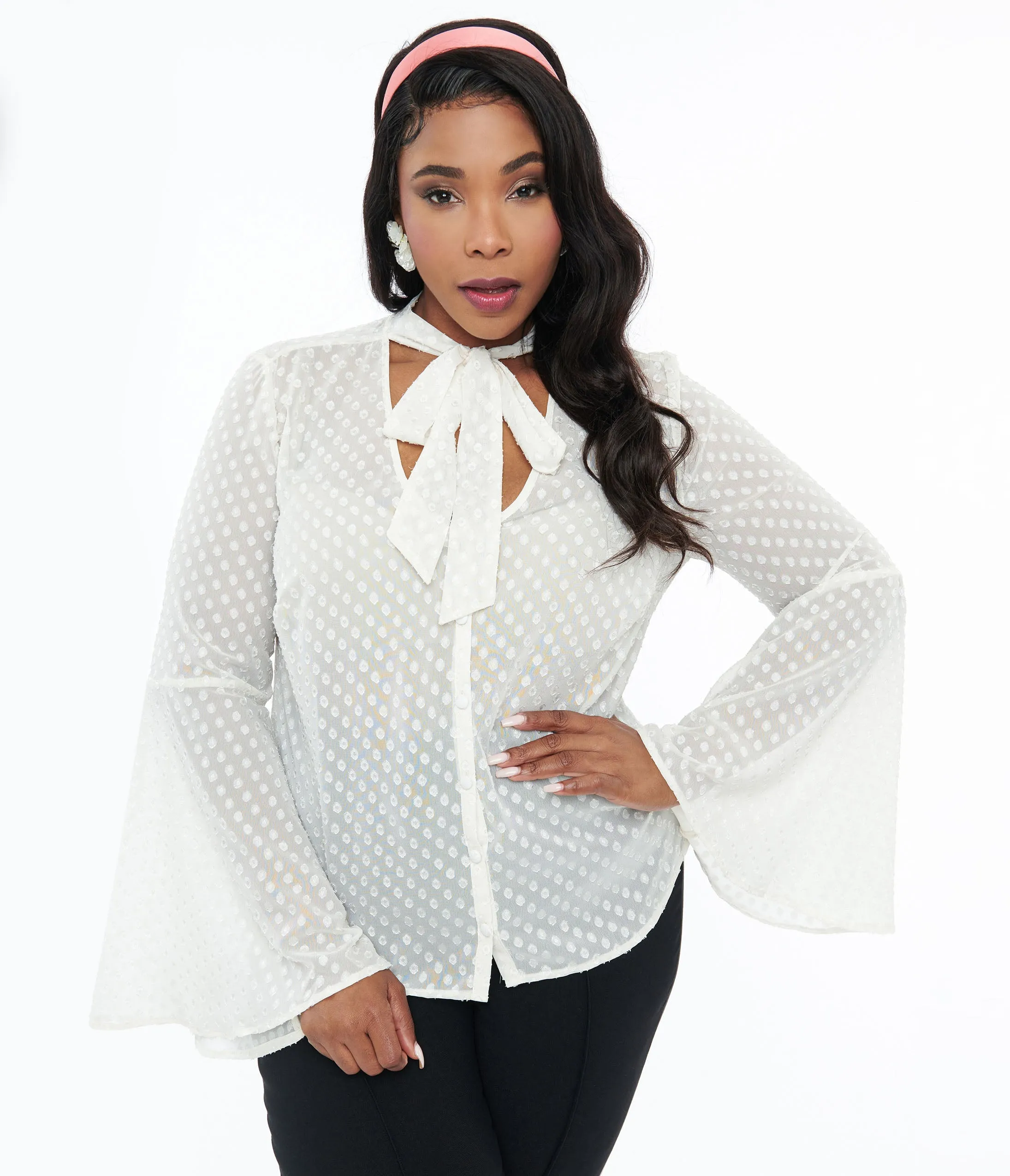 Smak Parlour Plus Size Ivory Diamond Clip Dot Bow Blouse