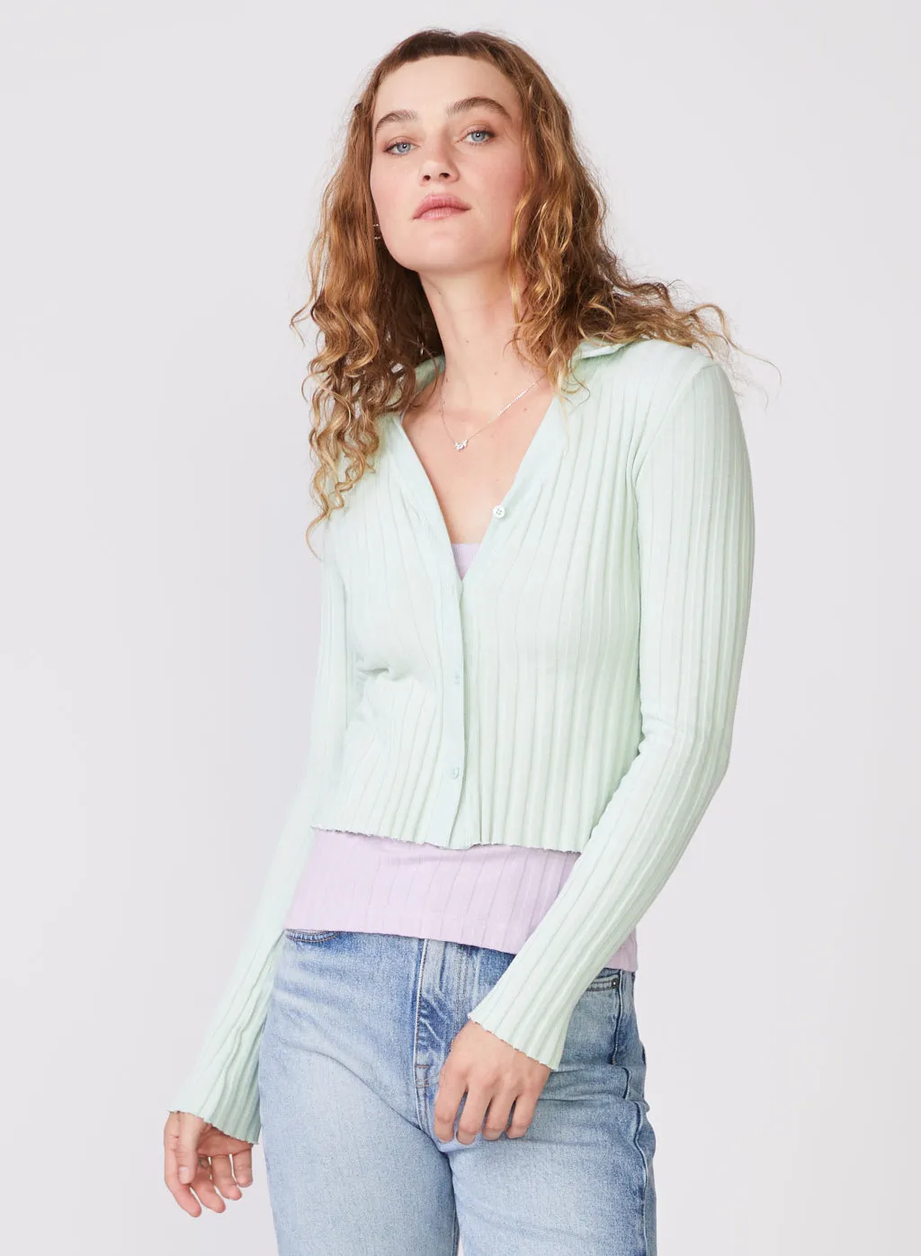 Stateside Farmboy Rib Cropped Collared Cardigan in Honeydew