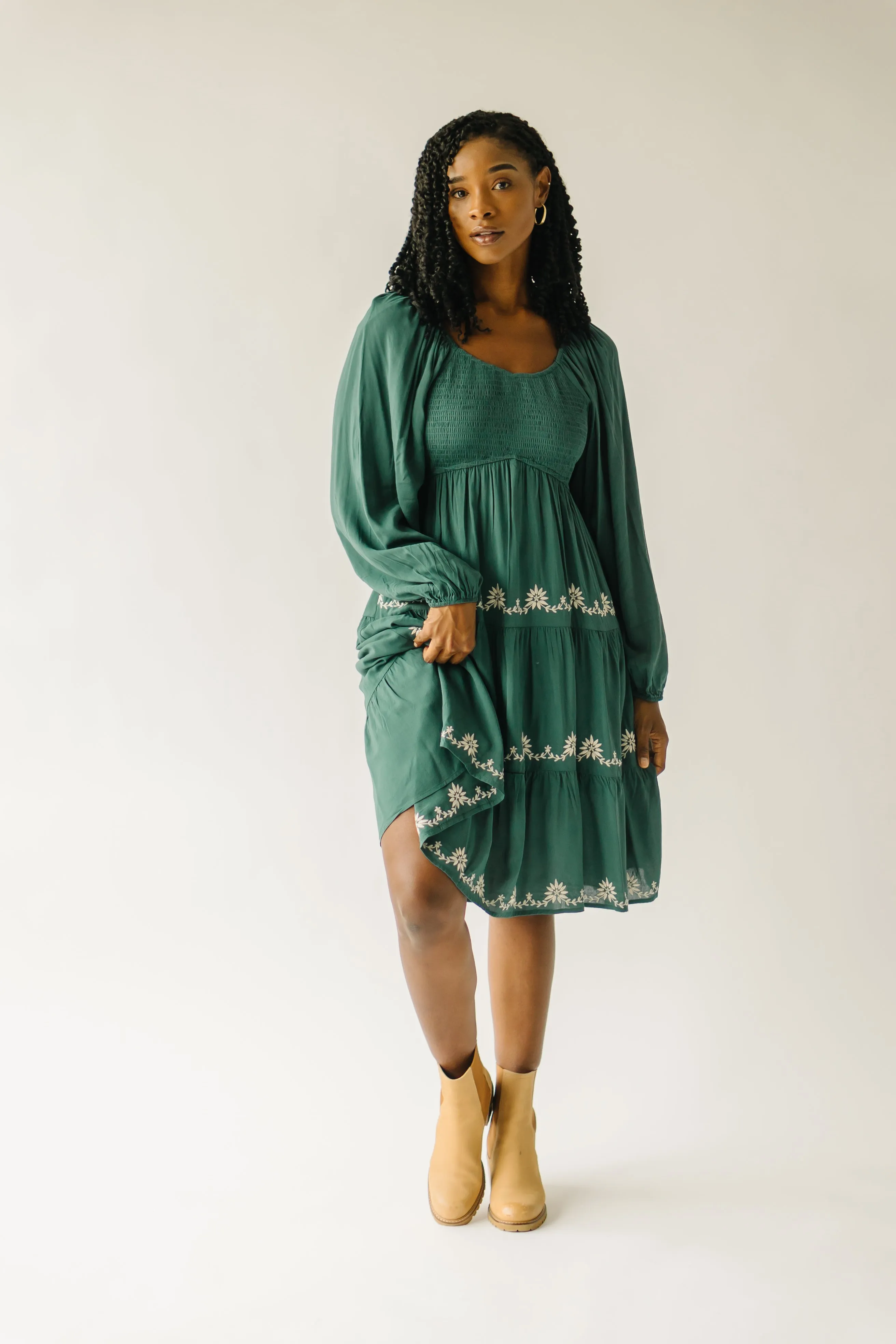 The Havana Embroidered Detail Dress in Hunter Green