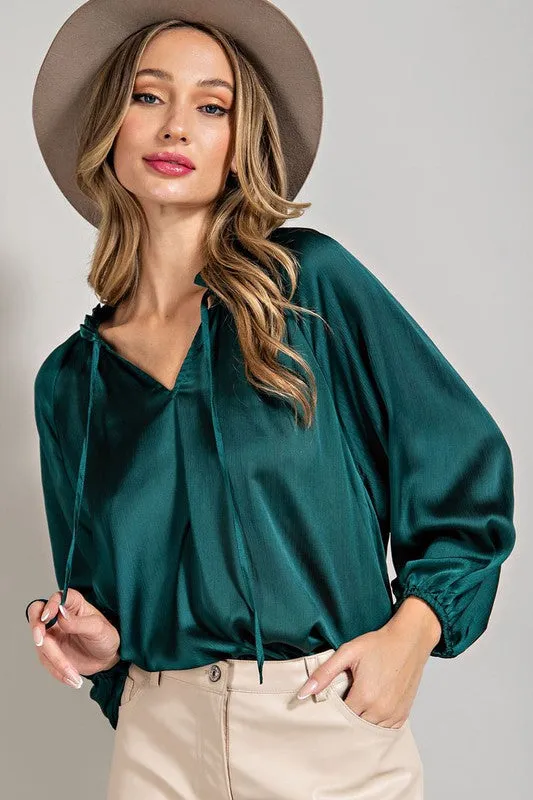 Tie Front V-Neck Blouse - Hunter Green