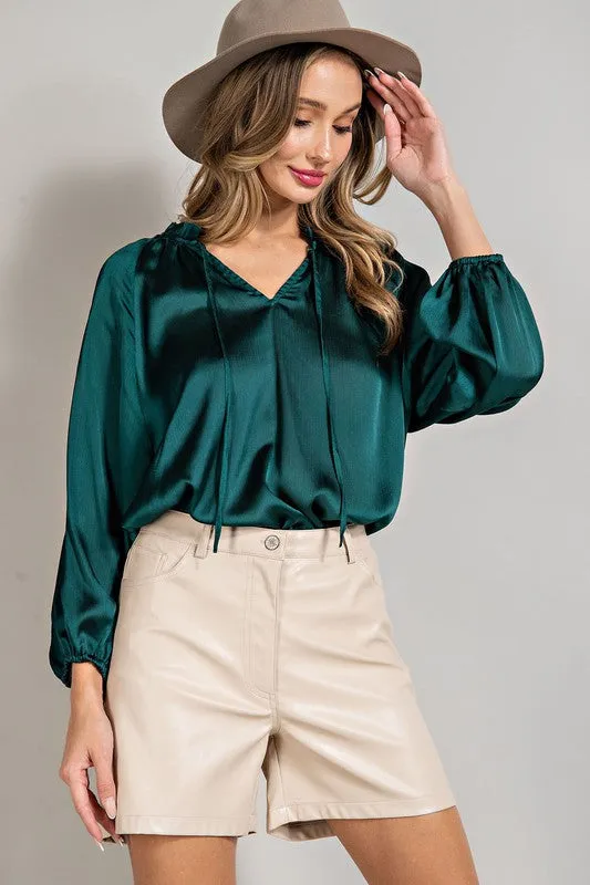 Tie Front V-Neck Blouse - Hunter Green