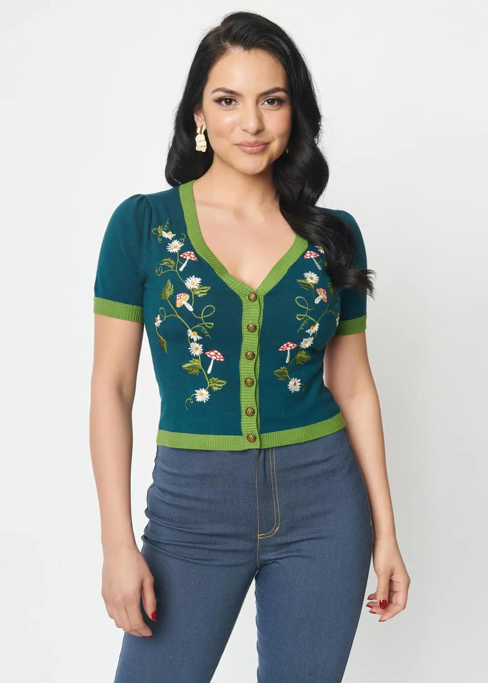 Unique Vintage Mushroom & Daisy 40's Cardigan Teal