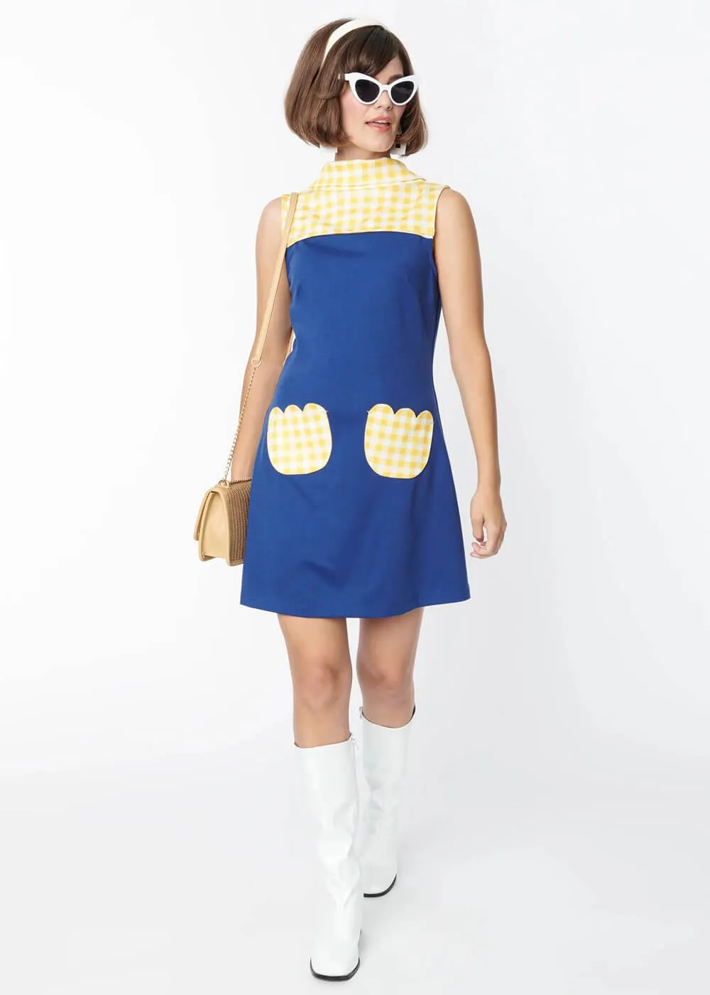 Unique Vintage Smak Parlor Haute Gossip Gingham Tullip 60's Mini Dress Navy Yellow