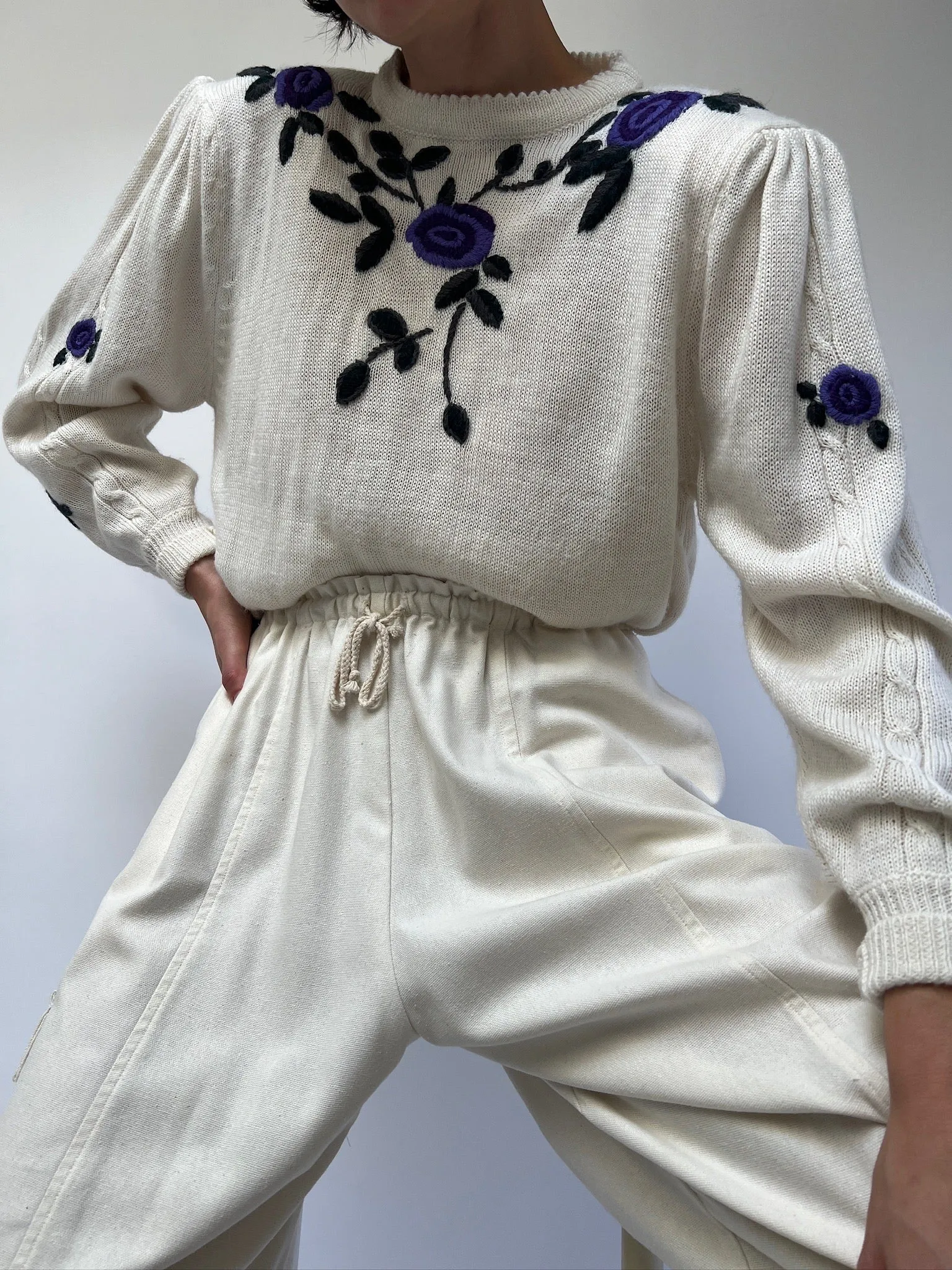 Vintage Floral Embroidered Puff Sleeve Sweater