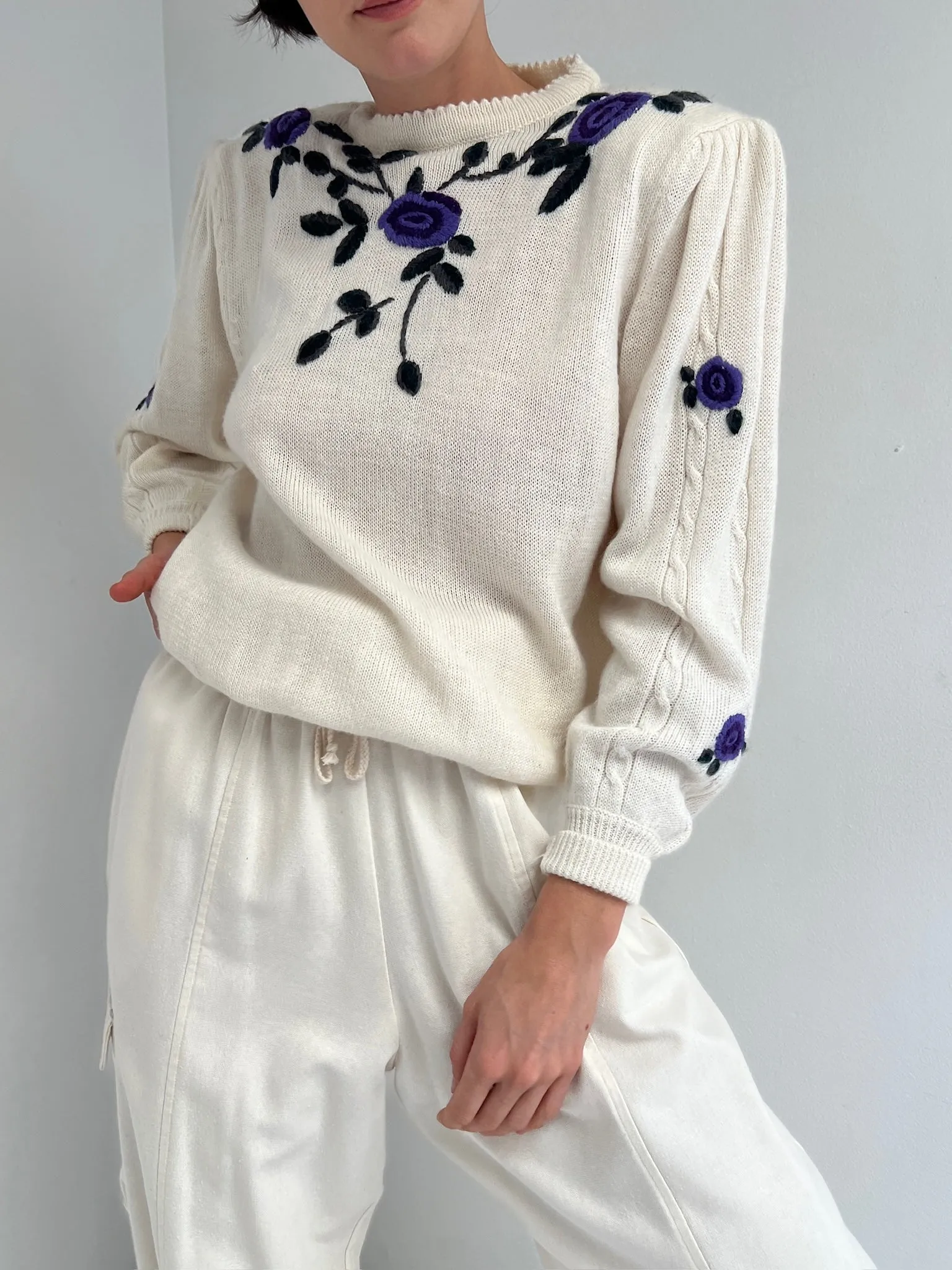 Vintage Floral Embroidered Puff Sleeve Sweater