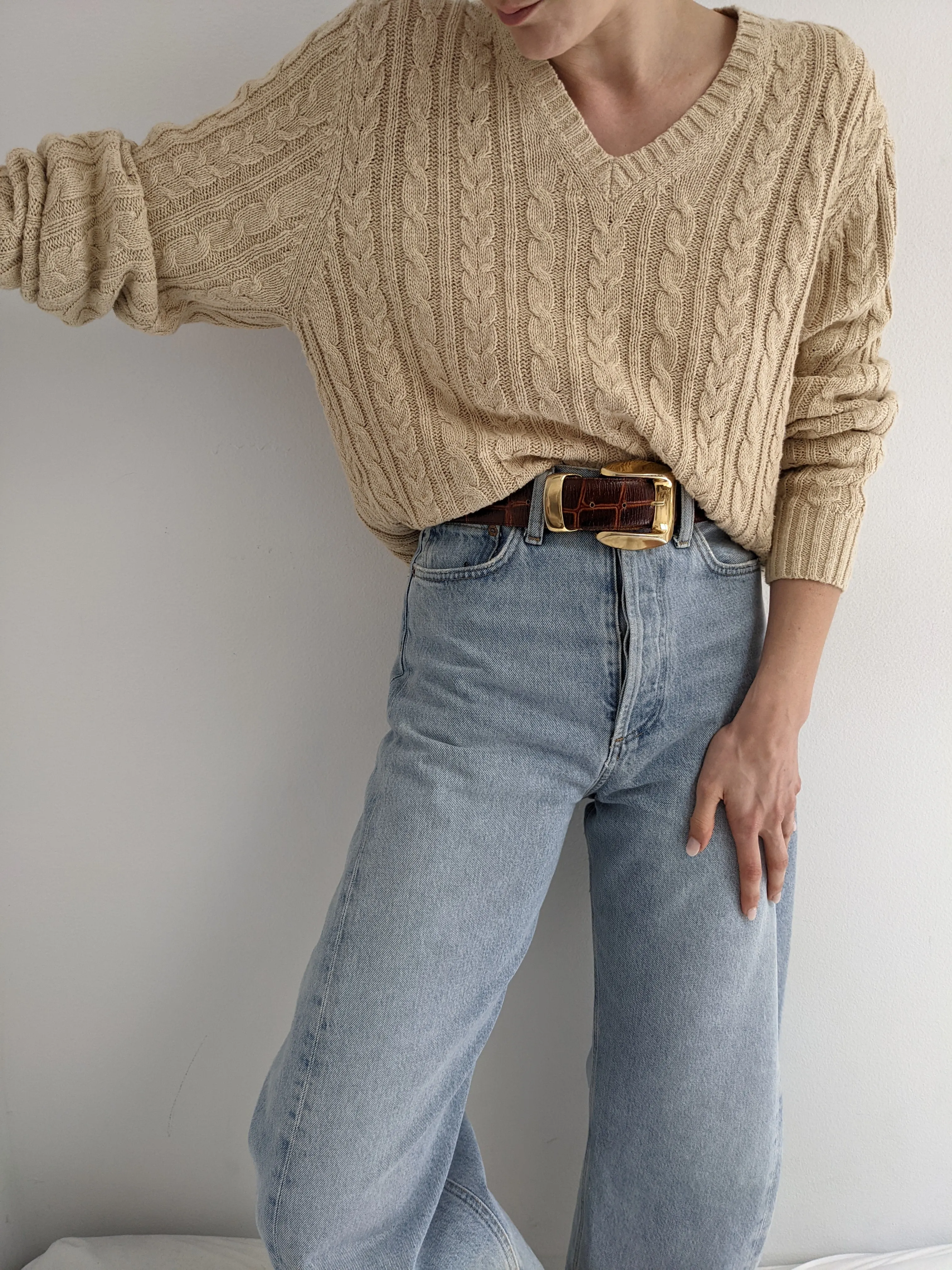 Vintage Oat Linen Cable Knit Sweater