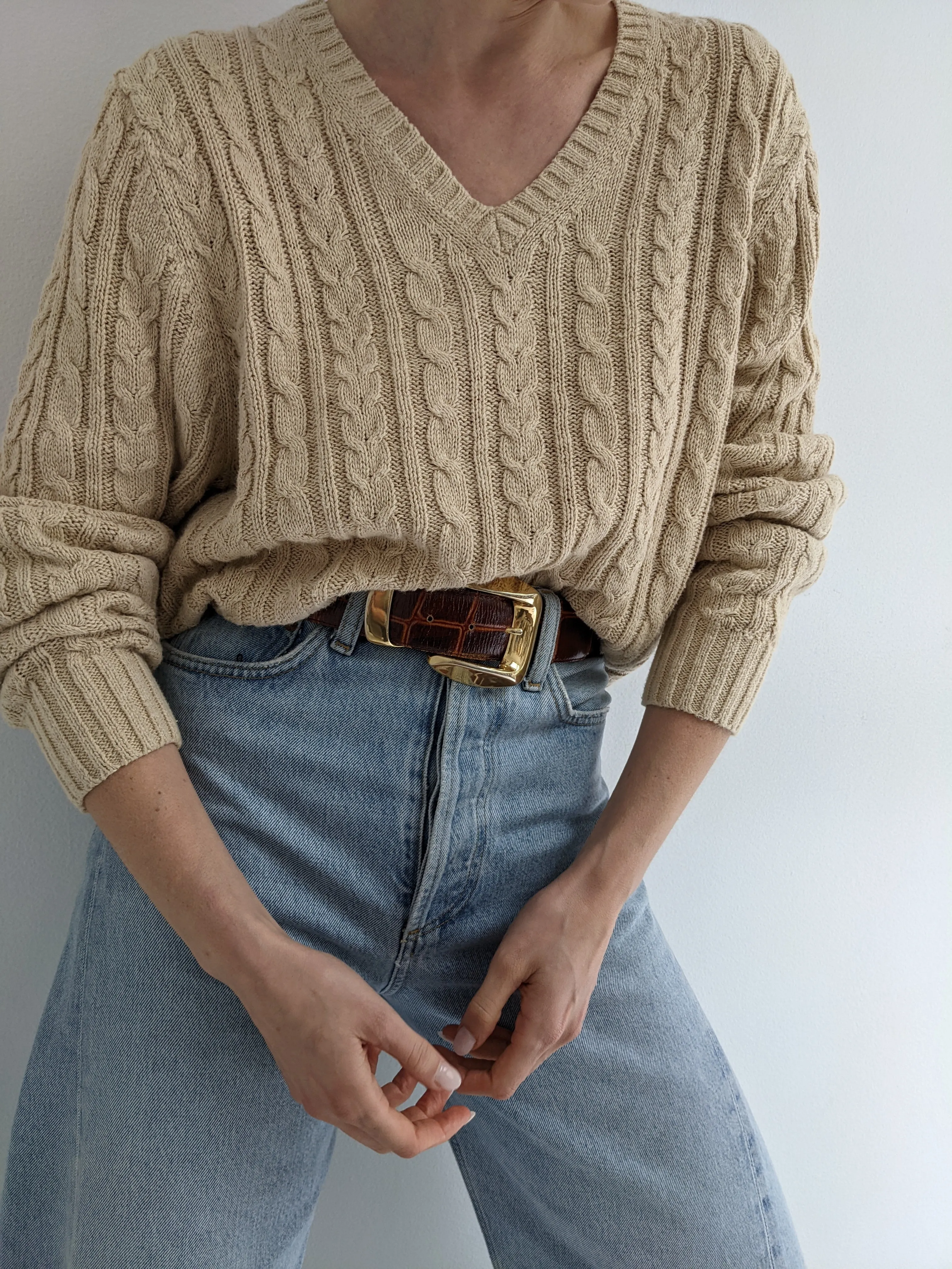 Vintage Oat Linen Cable Knit Sweater