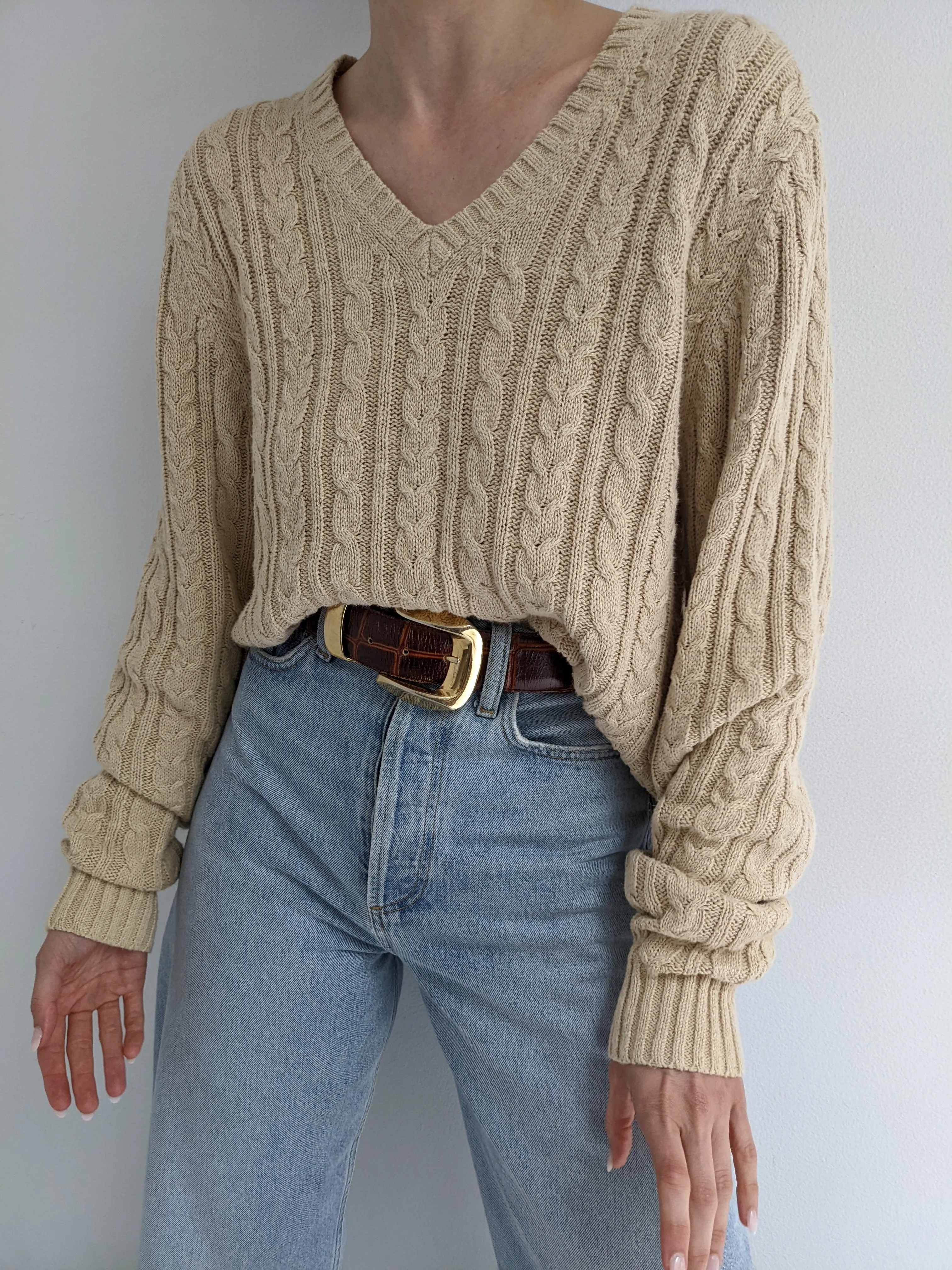 Vintage Oat Linen Cable Knit Sweater