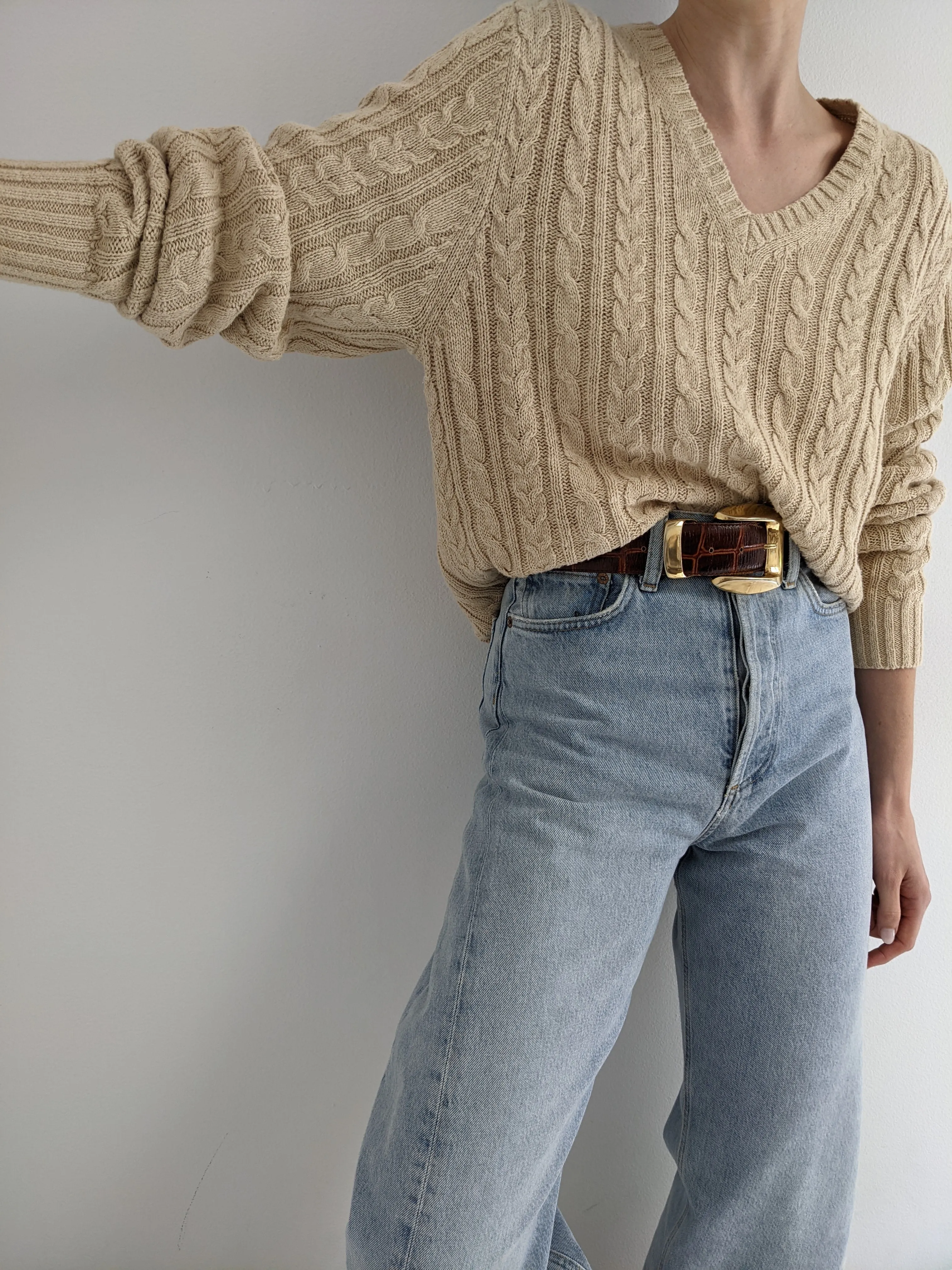 Vintage Oat Linen Cable Knit Sweater