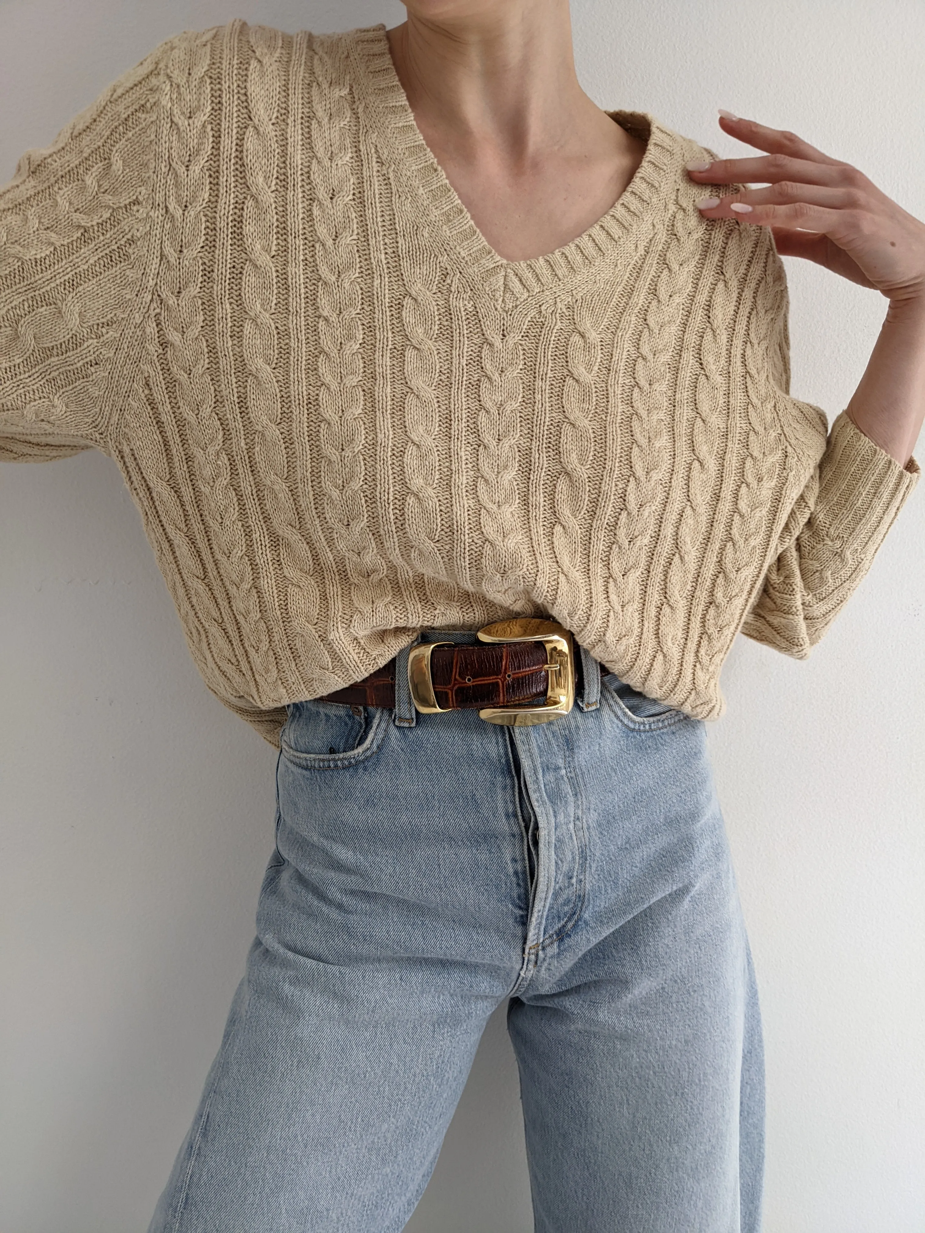 Vintage Oat Linen Cable Knit Sweater