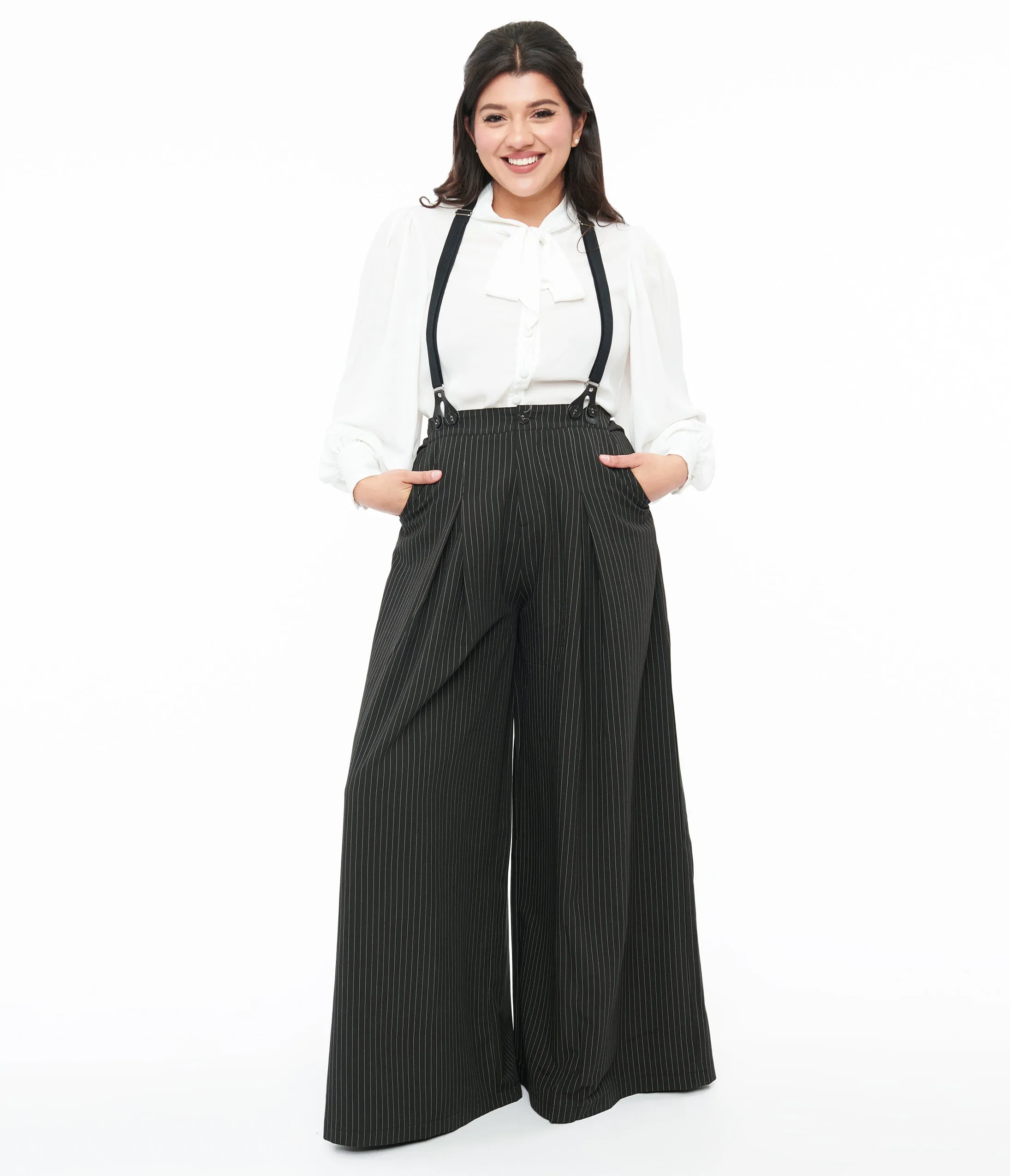 Voodoo Vixen Black & White Pinstripe Suspender Trousers