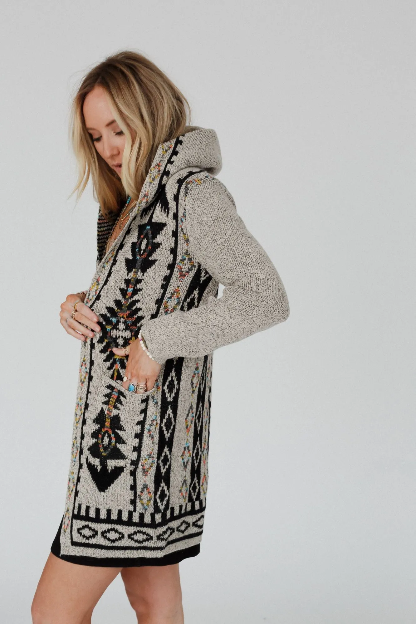 Way to Roam Aztec Print Hooded Cardigan - Oatmeal