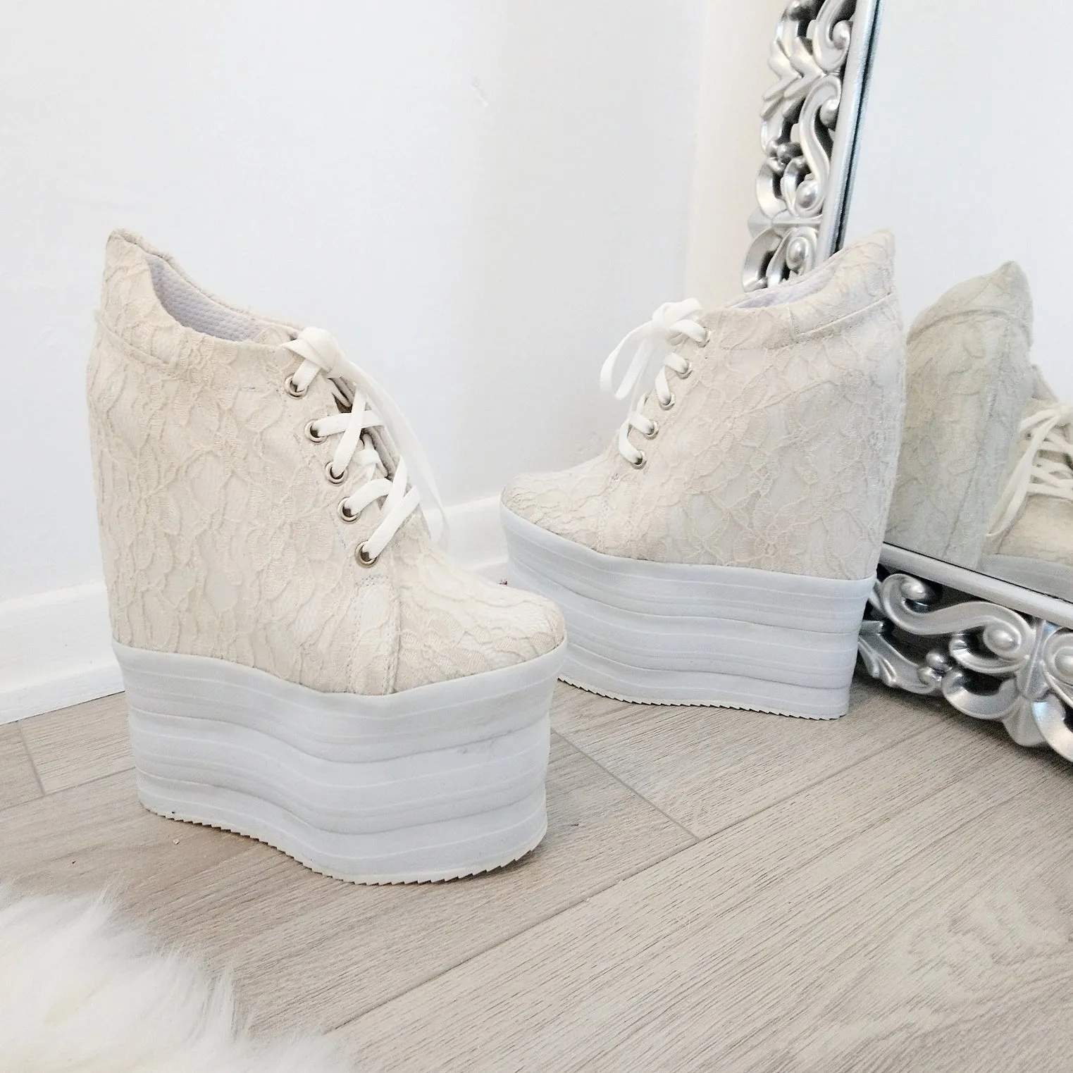 White Cream Lace Up Sport Wedge Platform Shoes