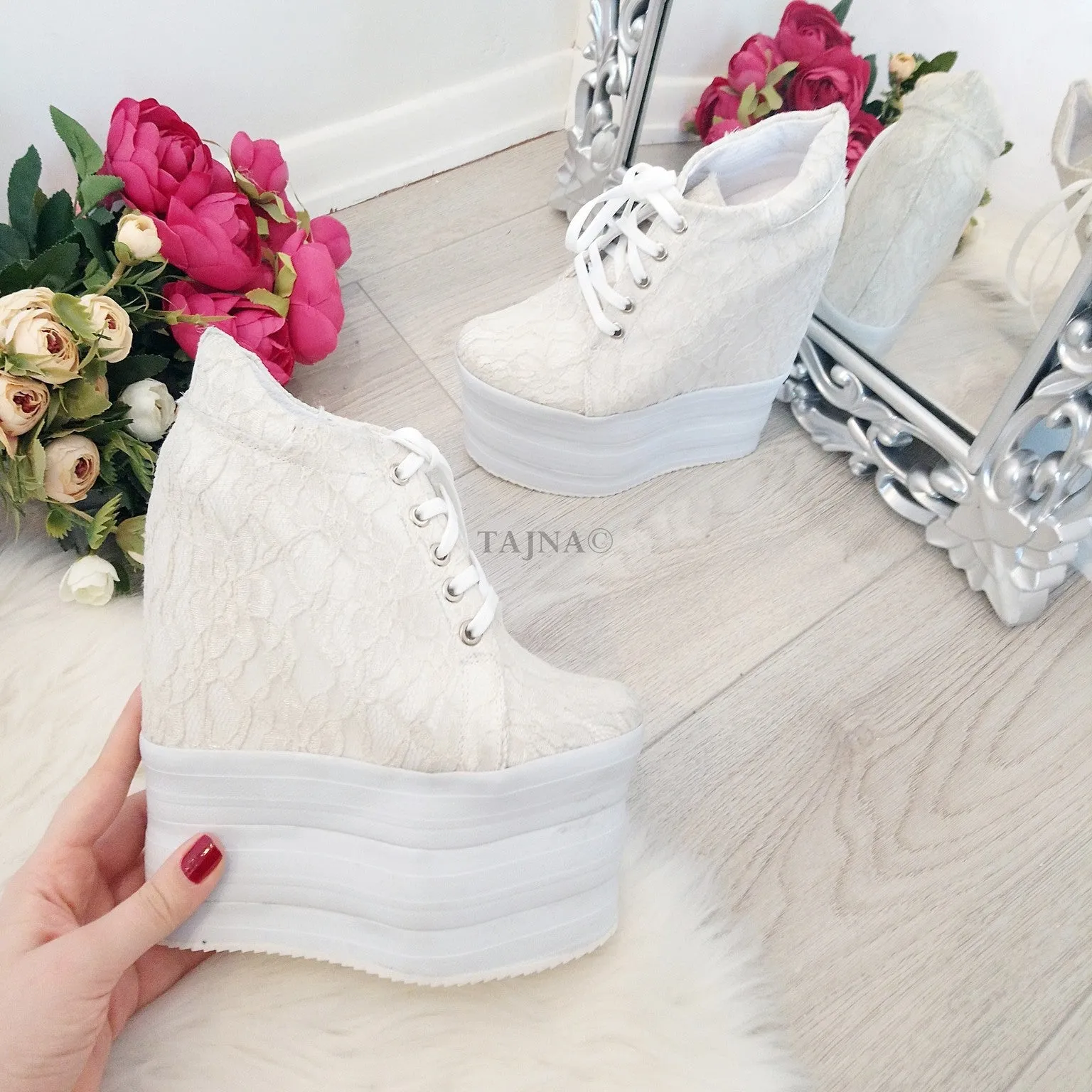 White Cream Lace Up Sport Wedge Platform Shoes